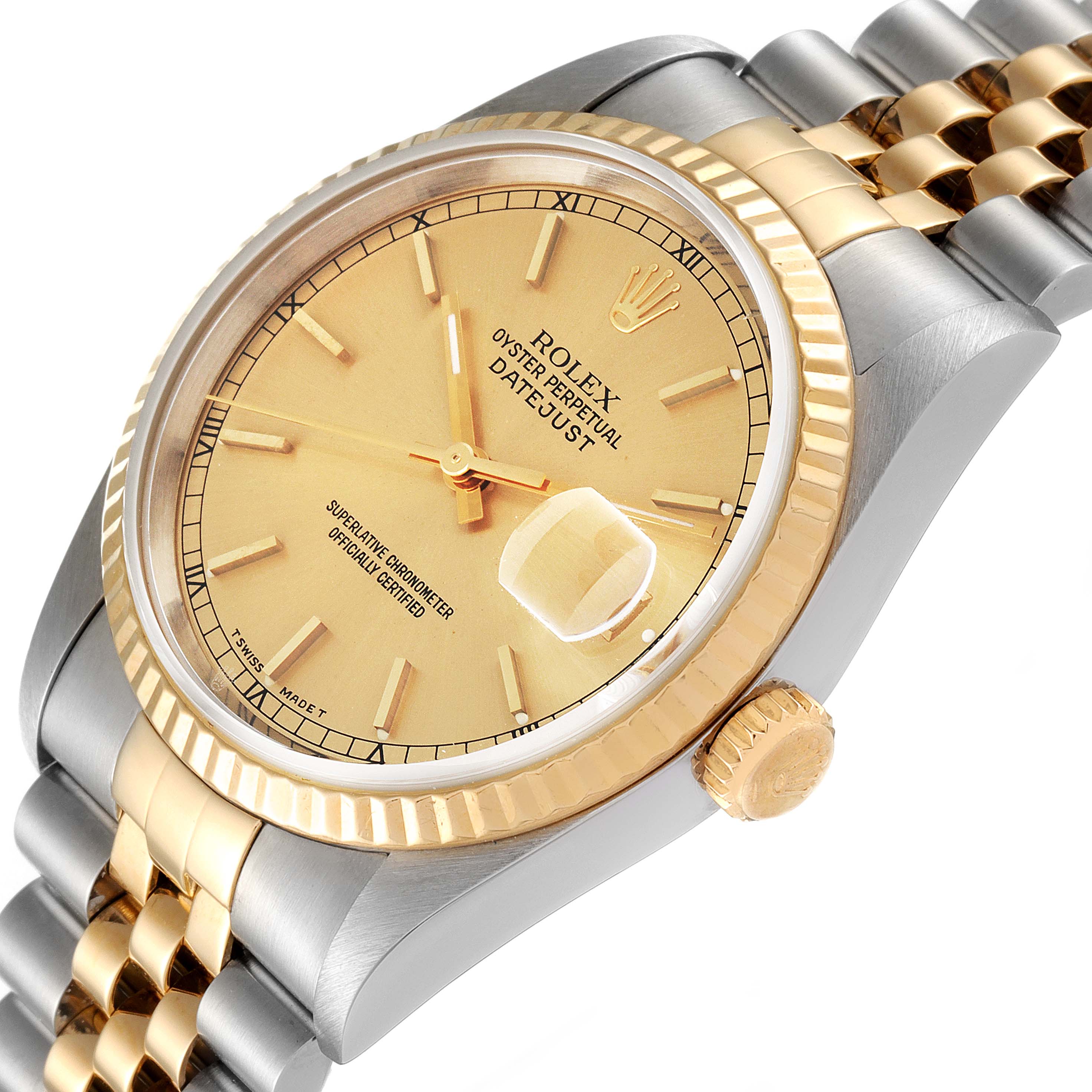 The image shows a Rolex Datejust 16233 Men's Steel and Gold (two tone) Champagne Dial 16233 Men's Steel and Gold (two tone) Champagne Dial watch at an angle highlighting the yellow gold bezel, champagne dial, and jubilee bracelet.