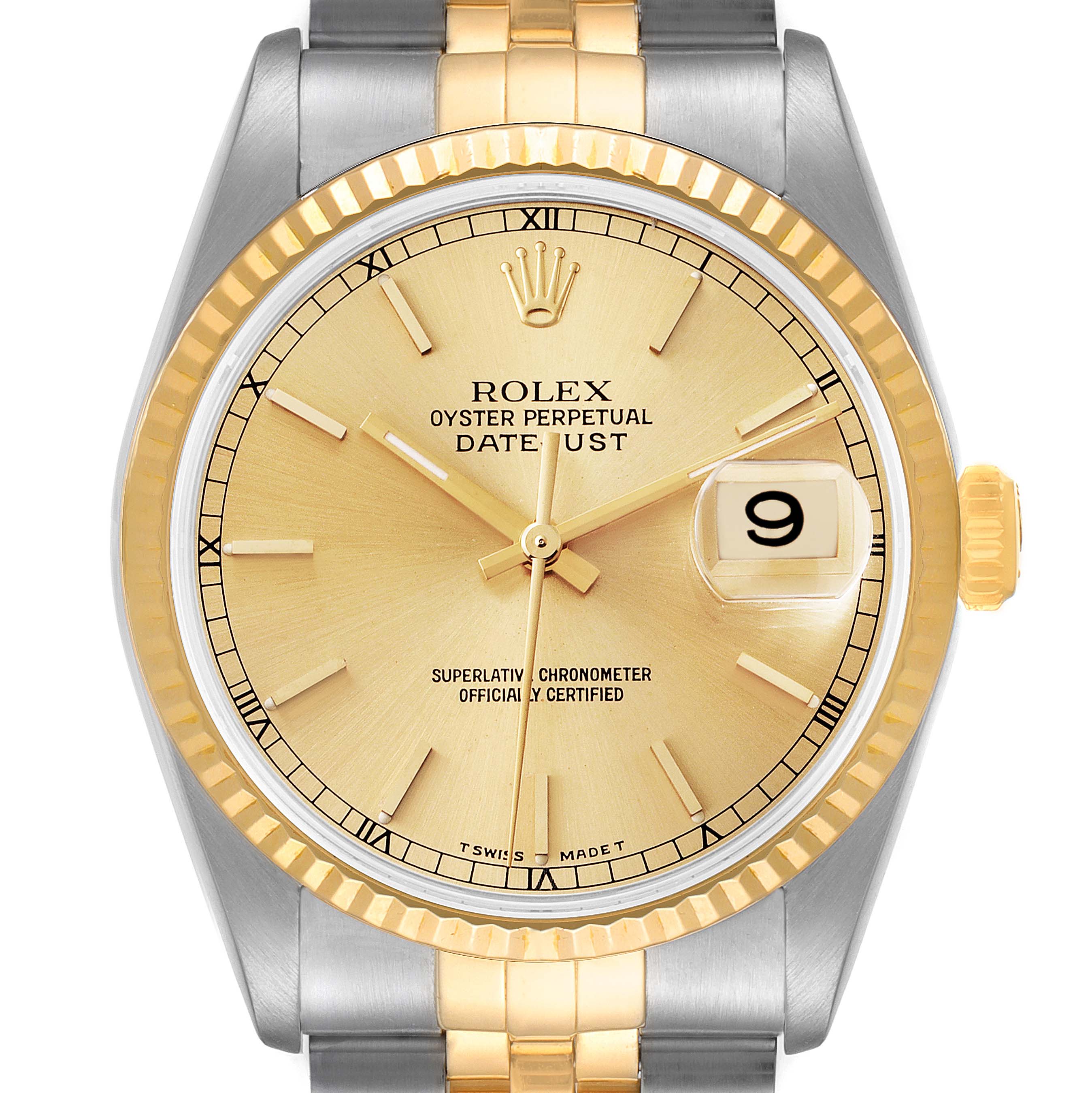 The image shows a front view of a Rolex Datejust 16233 Men's Steel and Gold (two tone) Champagne Dial 16233 Men's Steel and Gold (two tone) Champagne Dial watch, showcasing the dial, bezel, and part of the bracelet.
