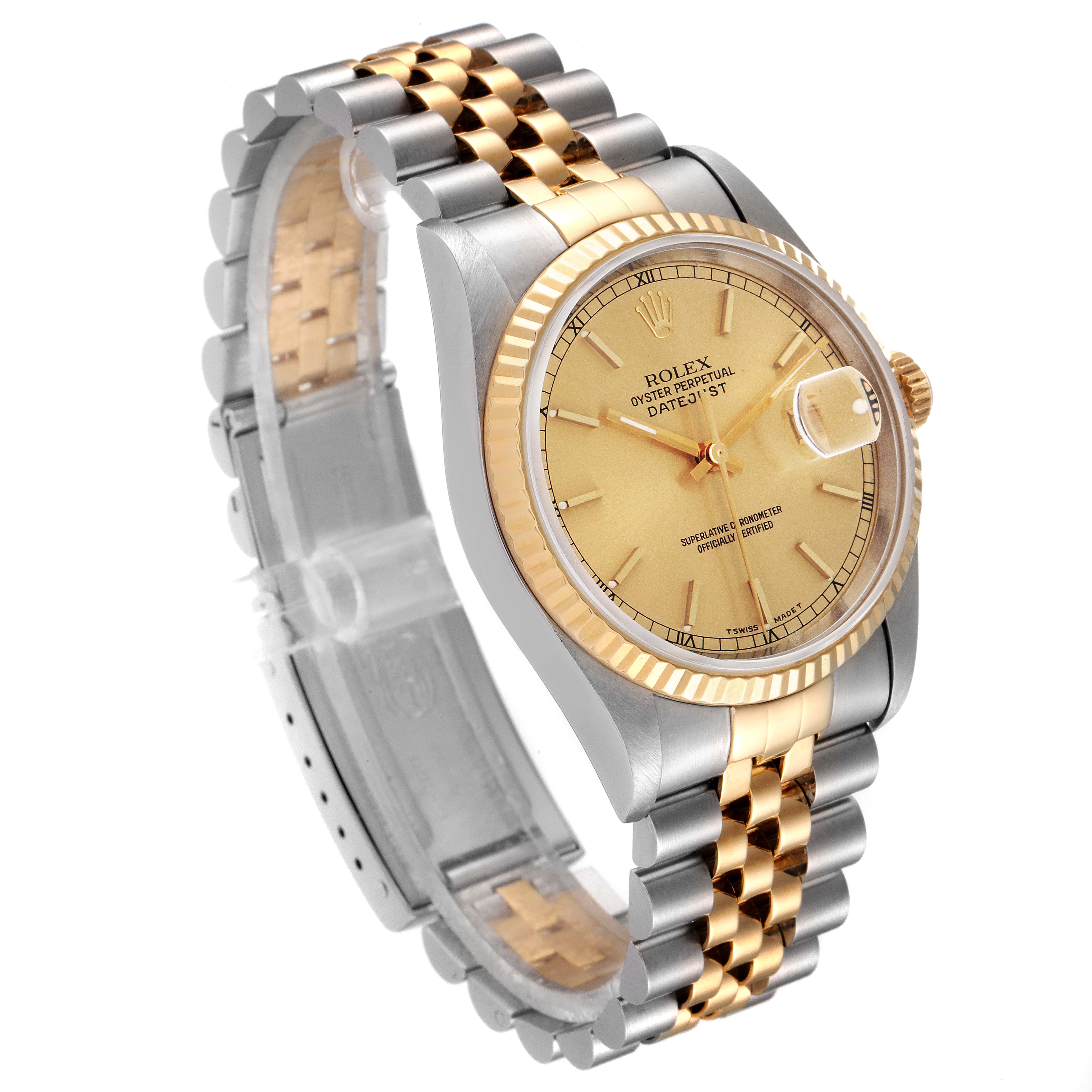 The image shows a side angle of a Rolex Datejust 16233 Men's Steel and Gold (two tone) Champagne Dial 16233 Men's Steel and Gold (two tone) Champagne Dial watch, highlighting its dial, bezel, and two-tone bracelet.
