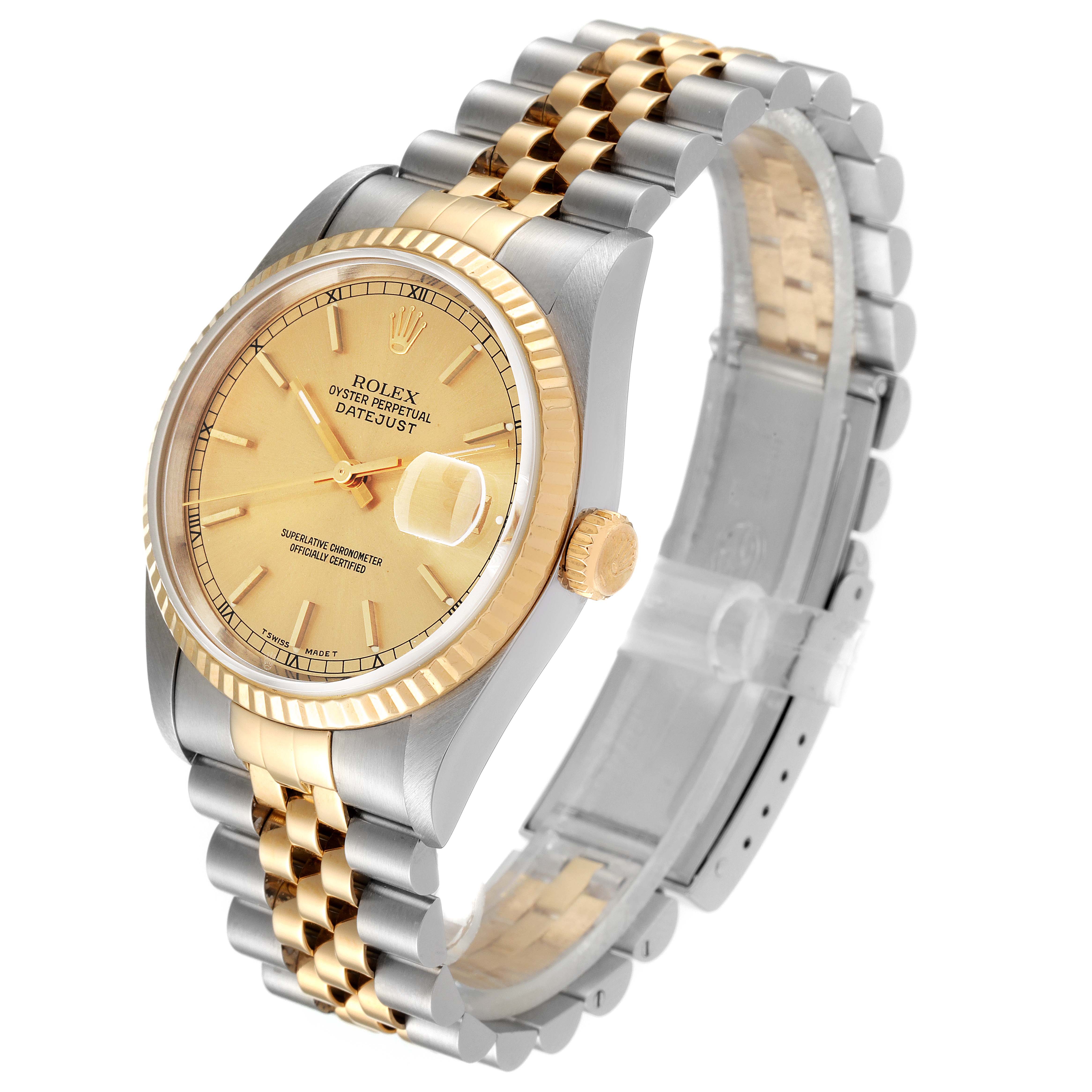 The image shows a Rolex Datejust 16233 Men's Steel and Gold (two tone) Champagne Dial 16233 Men's Steel and Gold (two tone) Champagne Dial watch at a three-quarter angle, highlighting its gold and silver Jubilee bracelet and champagne dial.
