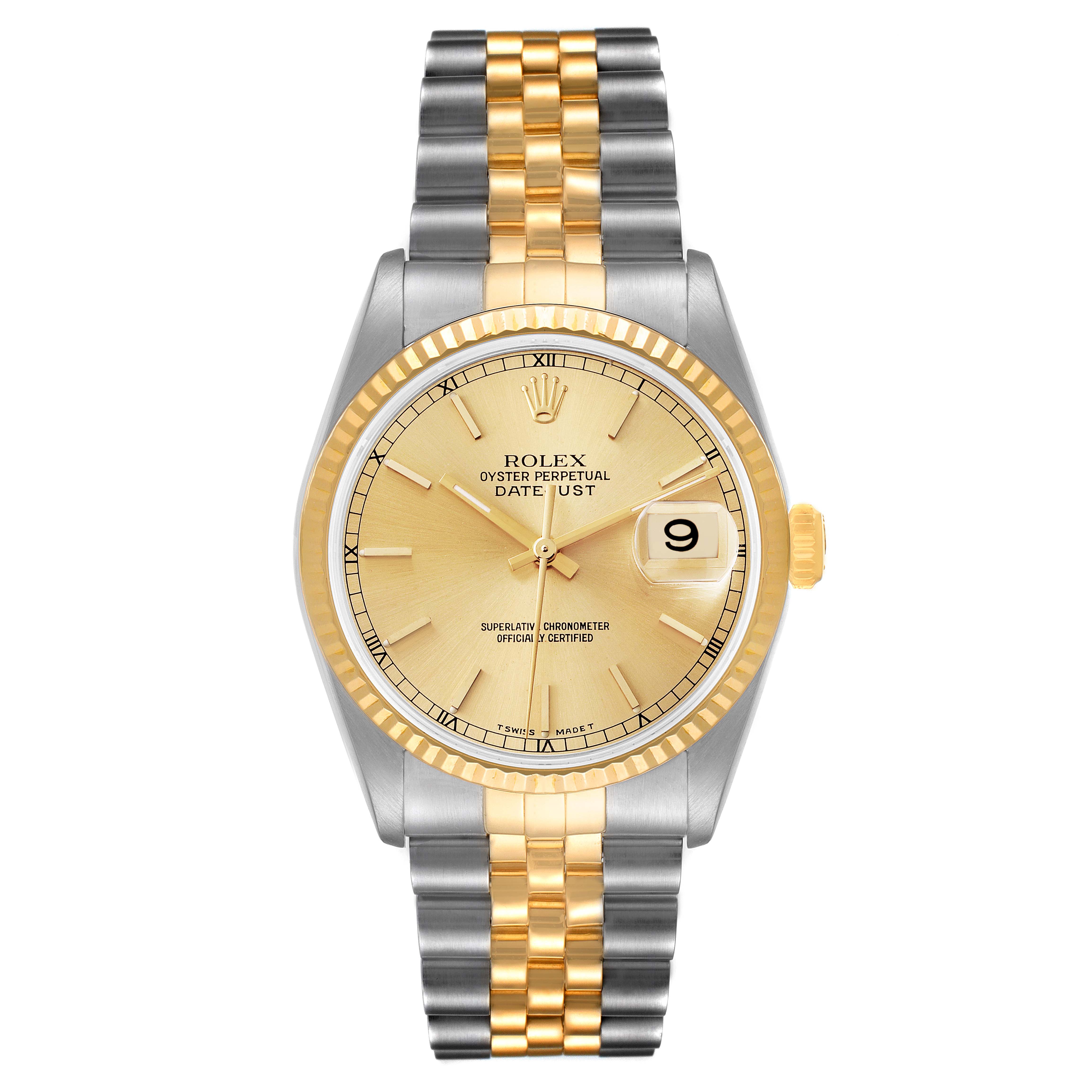 This is a front view of a Rolex Datejust 16233 Men's Steel and Gold (two tone) Champagne Dial 16233 Men's Steel and Gold (two tone) Champagne Dial watch, featuring a two-tone bracelet and a gold dial with a date window at 3 o'clock.
