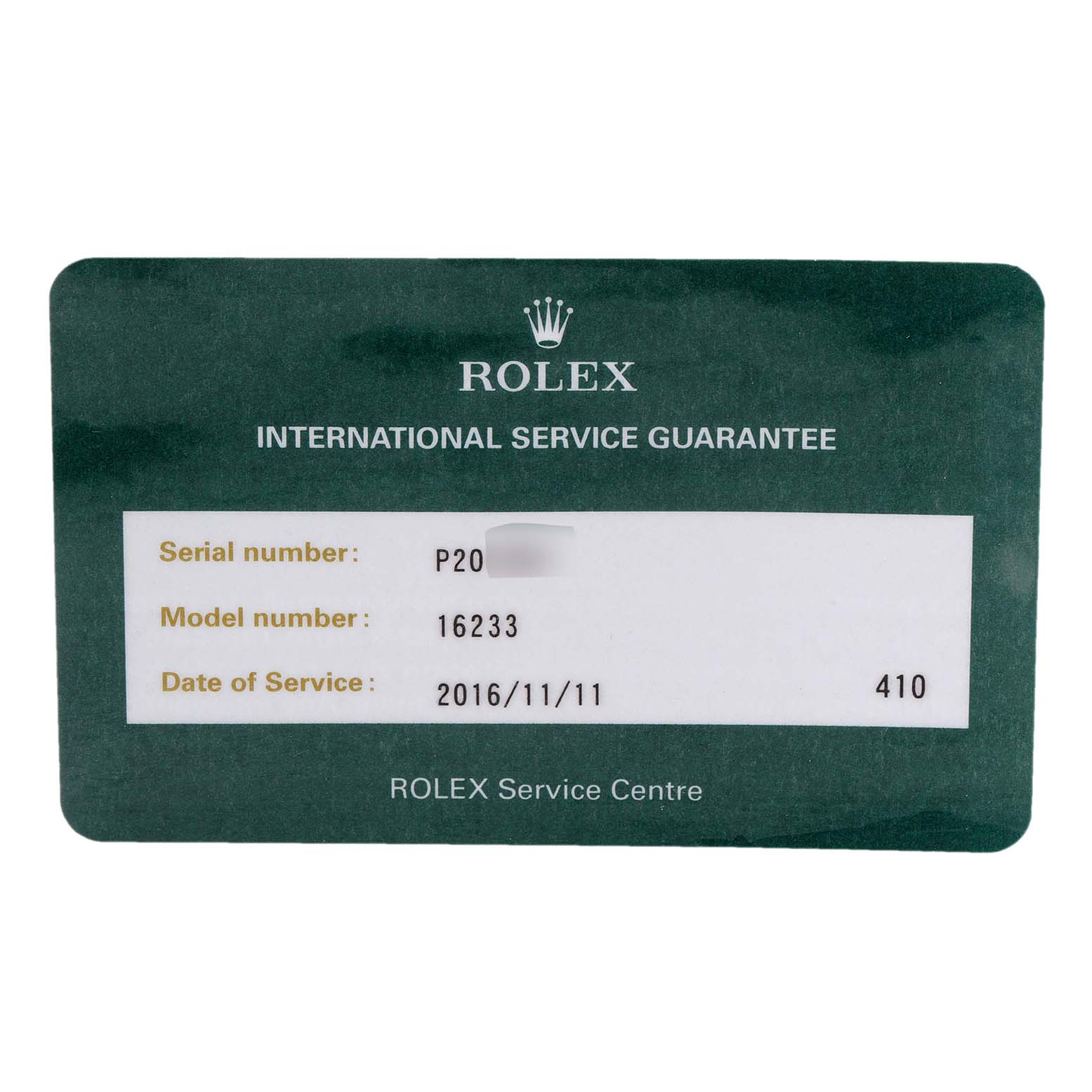 This is a Rolex International Service Guarantee card for a Datejust model, showing the serial number, model number, and date of service.