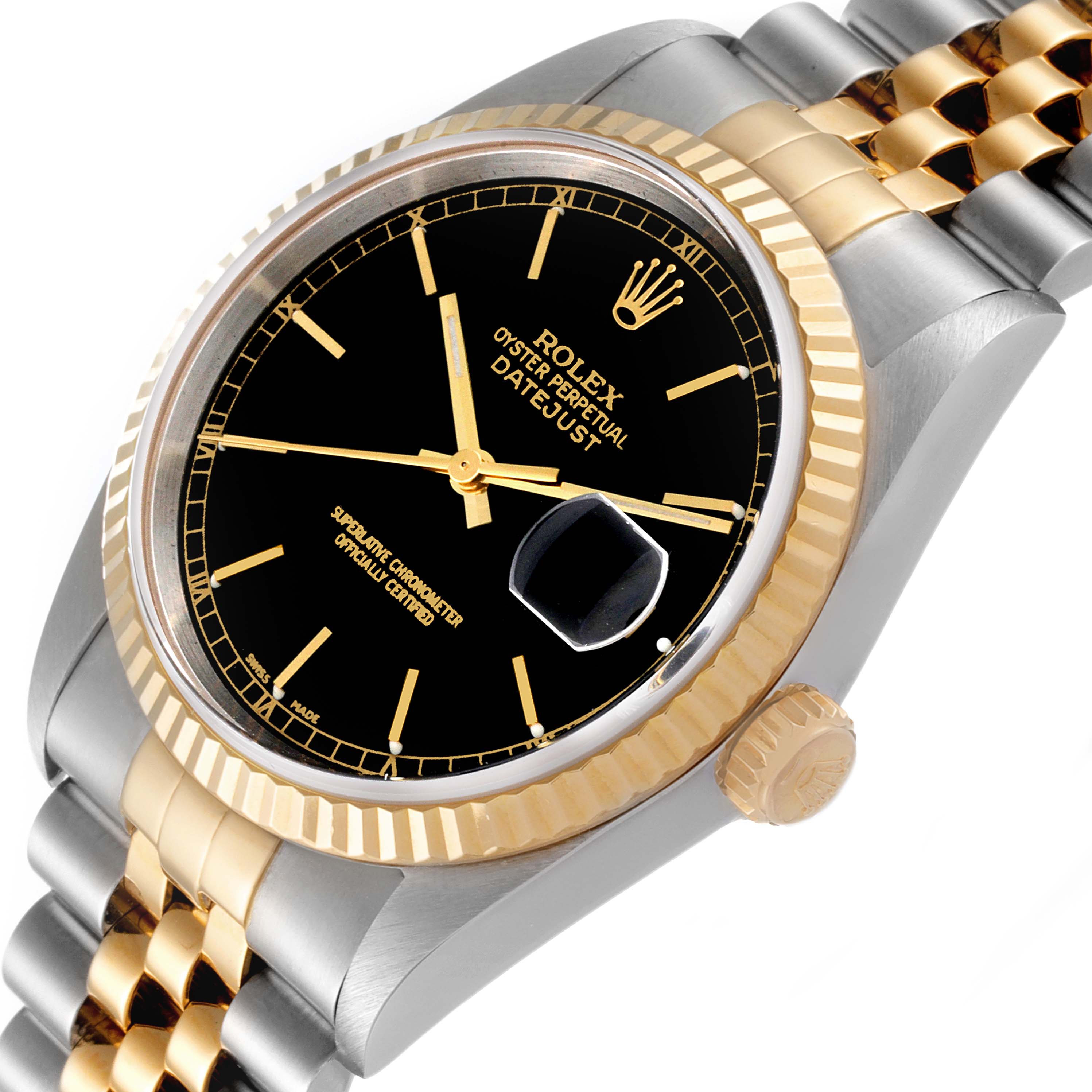 This image shows a Rolex Datejust 16233 Men's Steel and Gold (two tone) Black Dial 16233 Men's Steel and Gold (two tone) Black Dial watch at a tilted angle, highlighting its black dial, gold markers, crown, and two-tone bracelet.