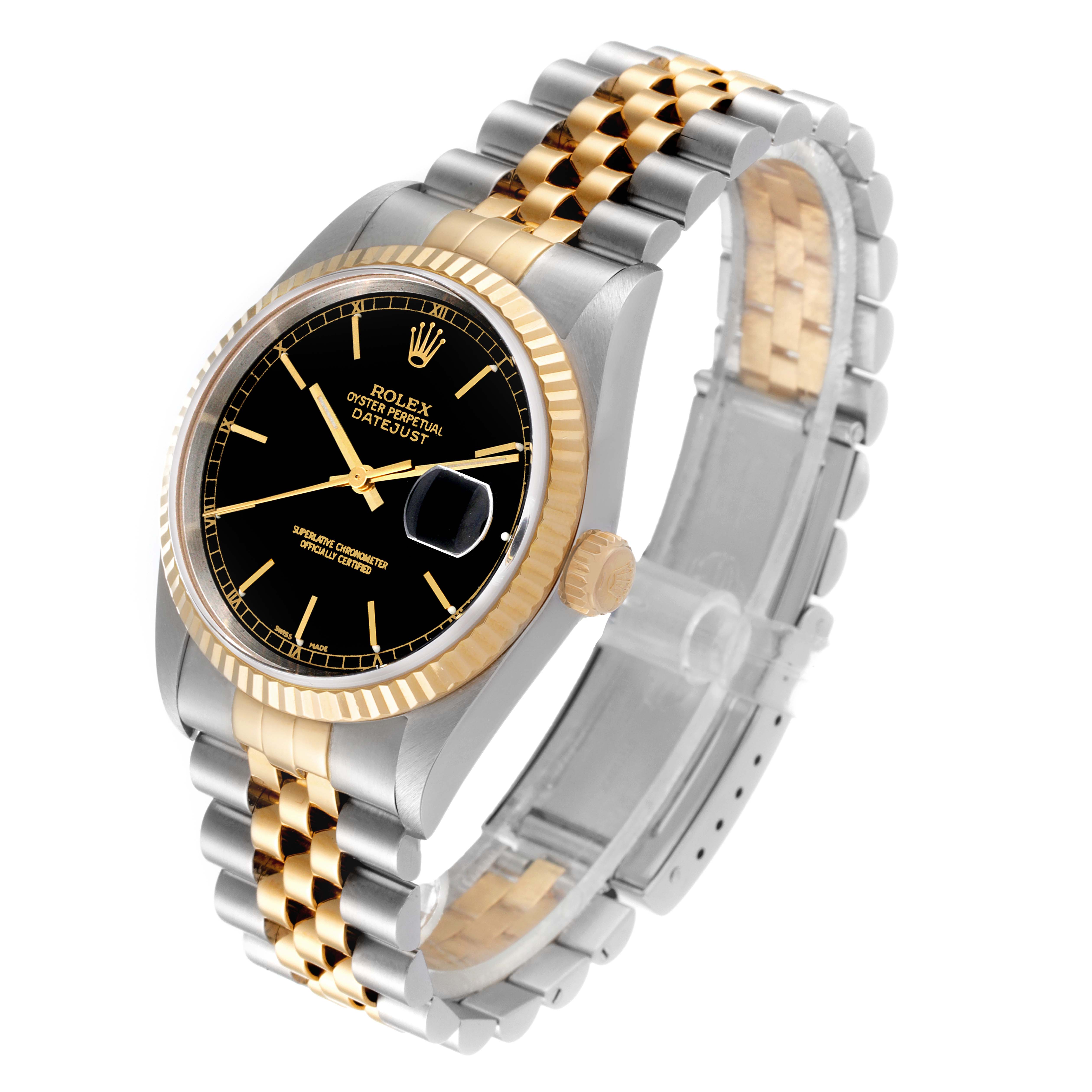 This image shows a Rolex Datejust 16233 Men's Steel and Gold (two tone) Black Dial 16233 Men's Steel and Gold (two tone) Black Dial watch angled from the front, highlighting its black dial, jubilee bracelet, and fluted bezel.