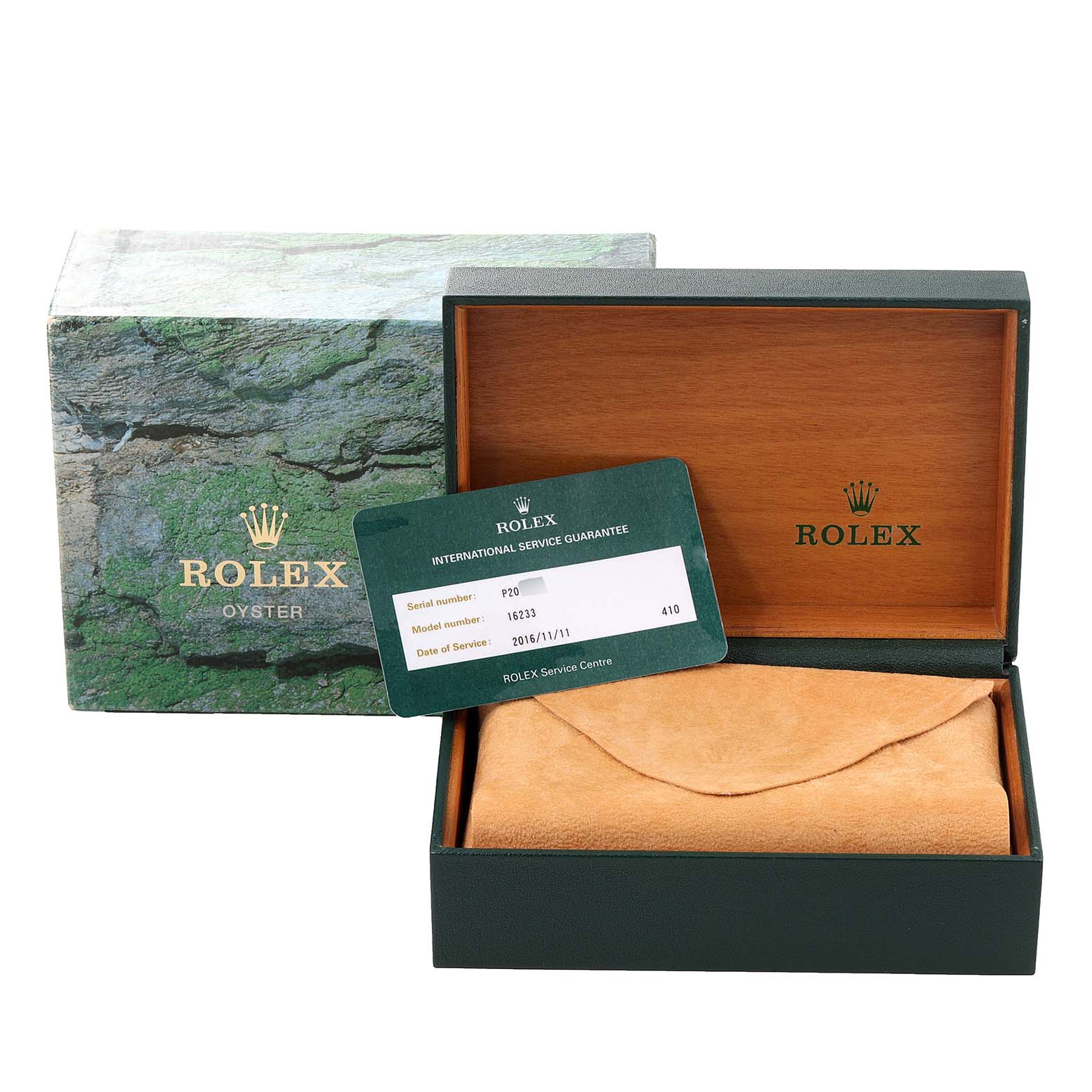 The image shows the open box and international service guarantee card for a Rolex Datejust 16233 Men's Steel and Gold (two tone) Black Dial 16233 Men's Steel and Gold (two tone) Black Dial watch.