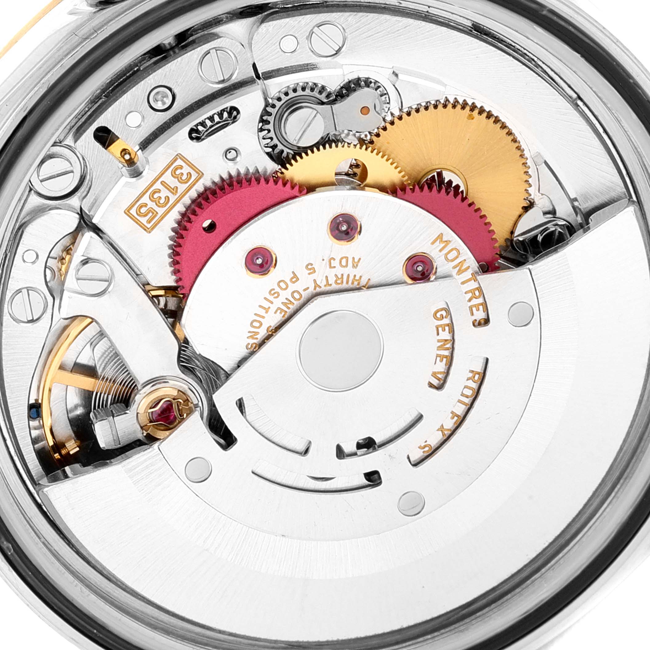 The image shows the movement mechanism of a Rolex Datejust 16233 Men's Steel and Gold (two tone) Black Dial 16233 Men's Steel and Gold (two tone) Black Dial watch from a direct overhead angle.