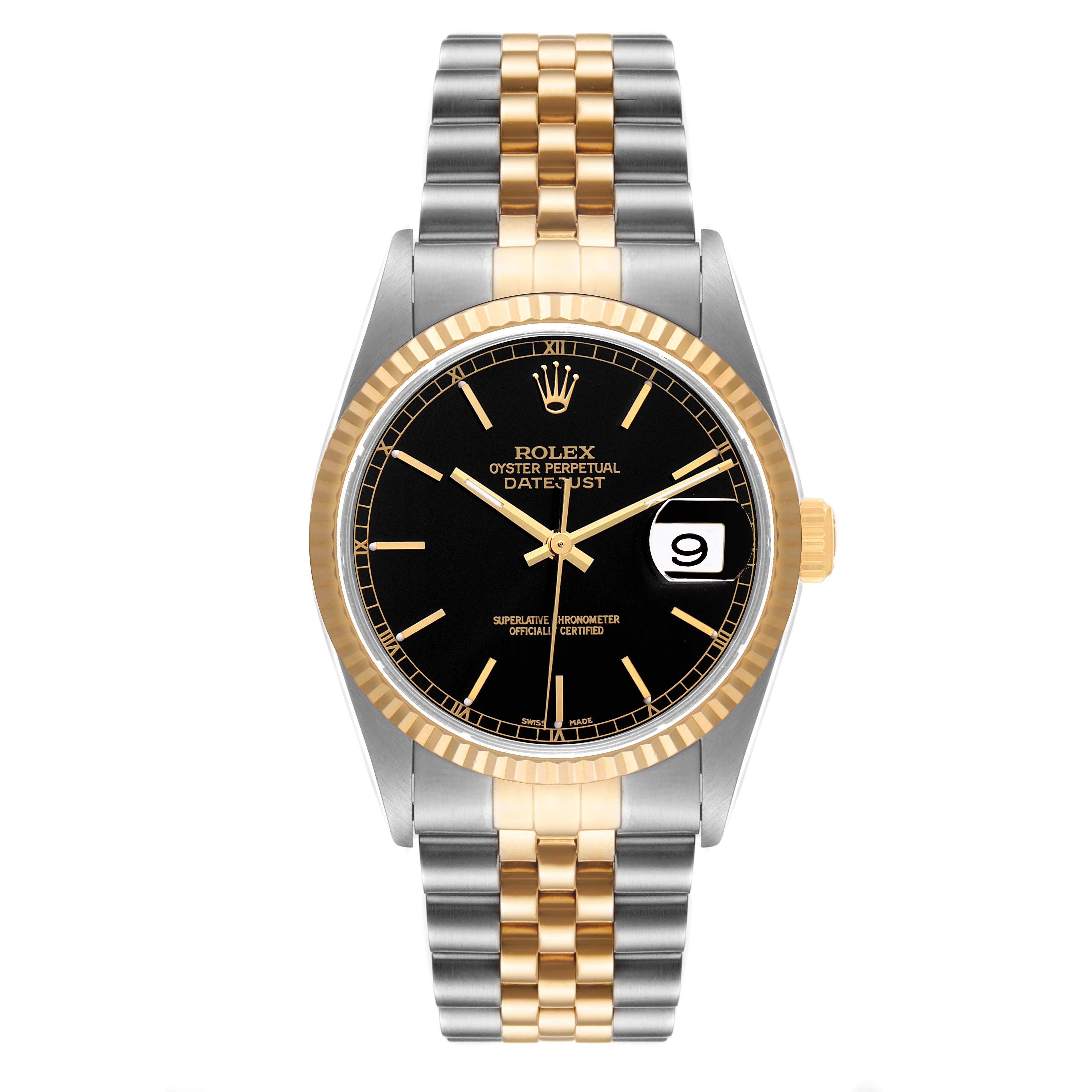 This is a frontal view of a Rolex Datejust 16233 Men's Steel and Gold (two tone) Black Dial 16233 Men's Steel and Gold (two tone) Black Dial watch, showing its black dial, gold bezel, and two-tone bracelet.