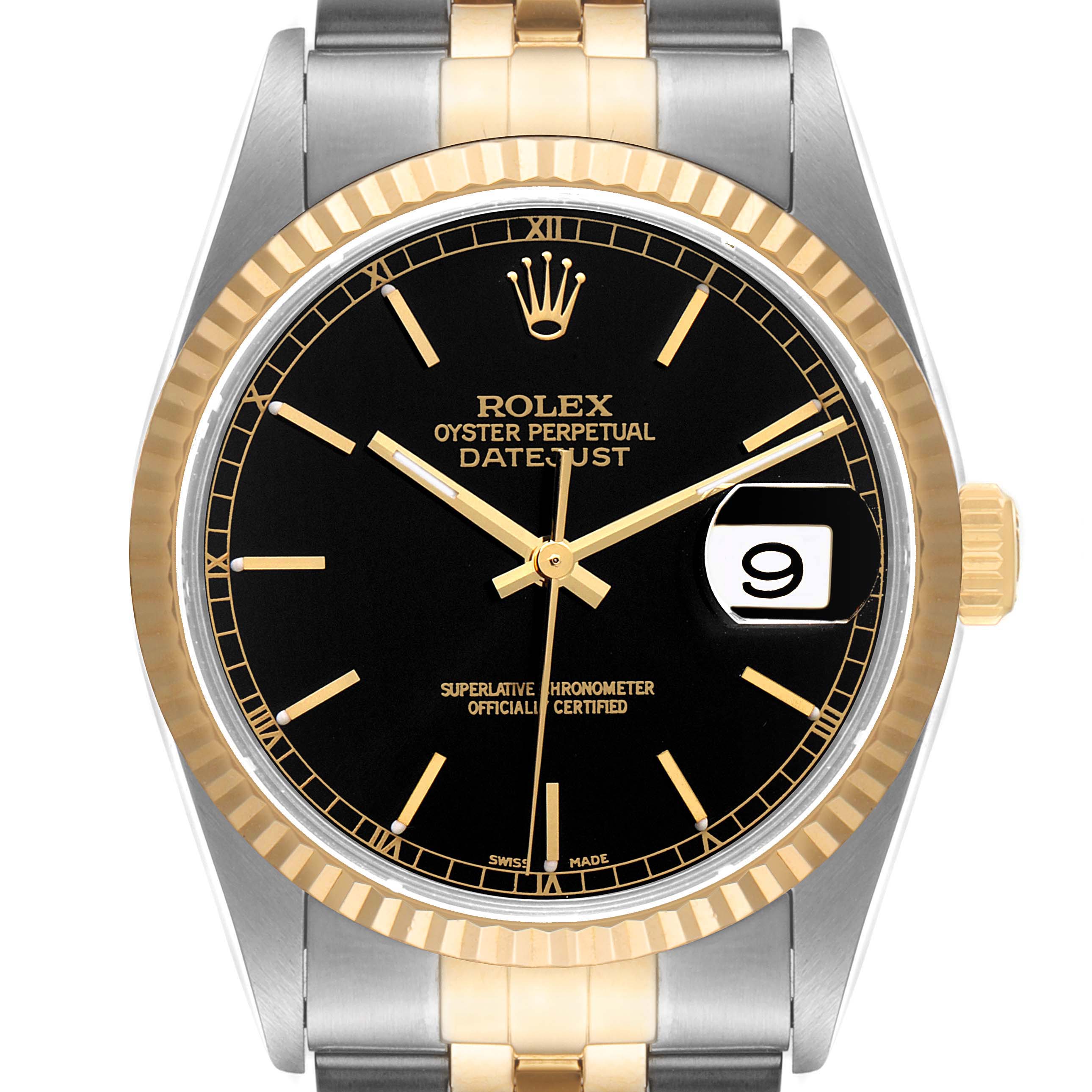This image shows a front view of the Rolex Datejust 16233 Men's Steel and Gold (two tone) Black Dial 16233 Men's Steel and Gold (two tone) Black Dial watch, featuring its dial, bezel, and part of the bracelet.
