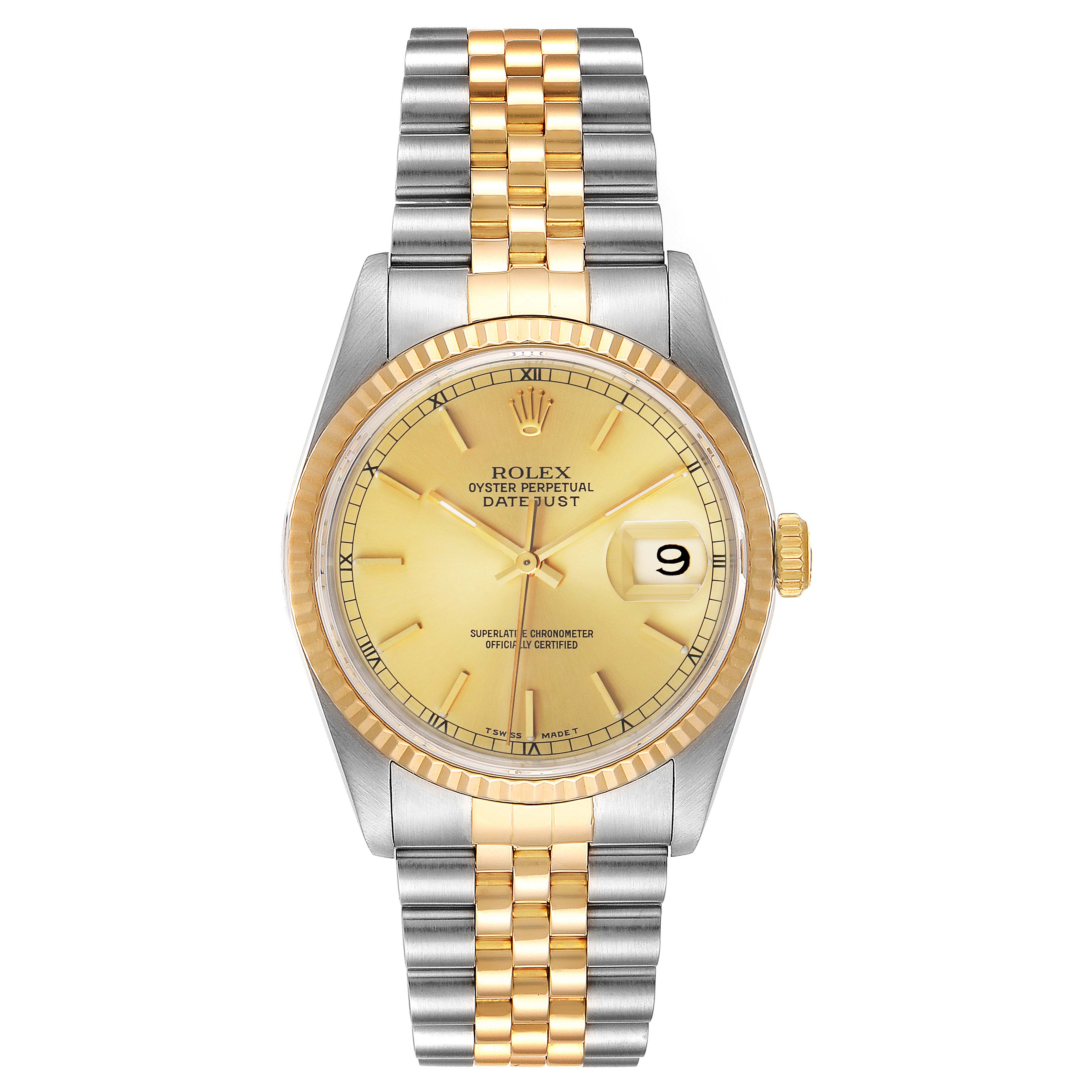 This image shows a front view of a Rolex Datejust 16233 Men's Steel and Gold (two tone) Champagne Dial 16233 Men's Steel and Gold (two tone) Champagne Dial watch, displaying the dial, fluted bezel, and two-tone bracelet.