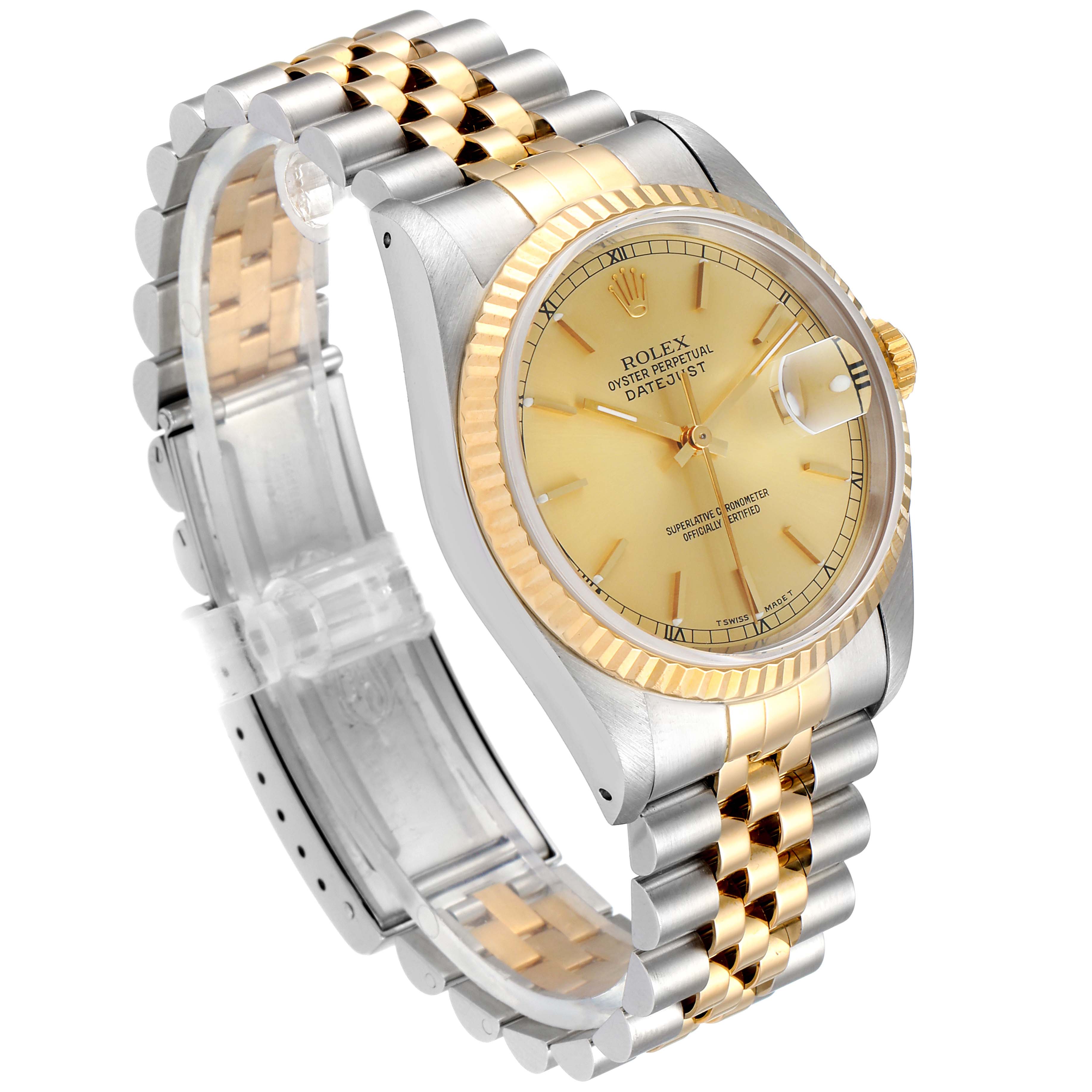 The image shows a Rolex Datejust 16233 Men's Steel and Gold (two tone) Champagne Dial 16233 Men's Steel and Gold (two tone) Champagne Dial watch at an angle highlighting its face, fluted bezel, and two-tone Jubilee bracelet.