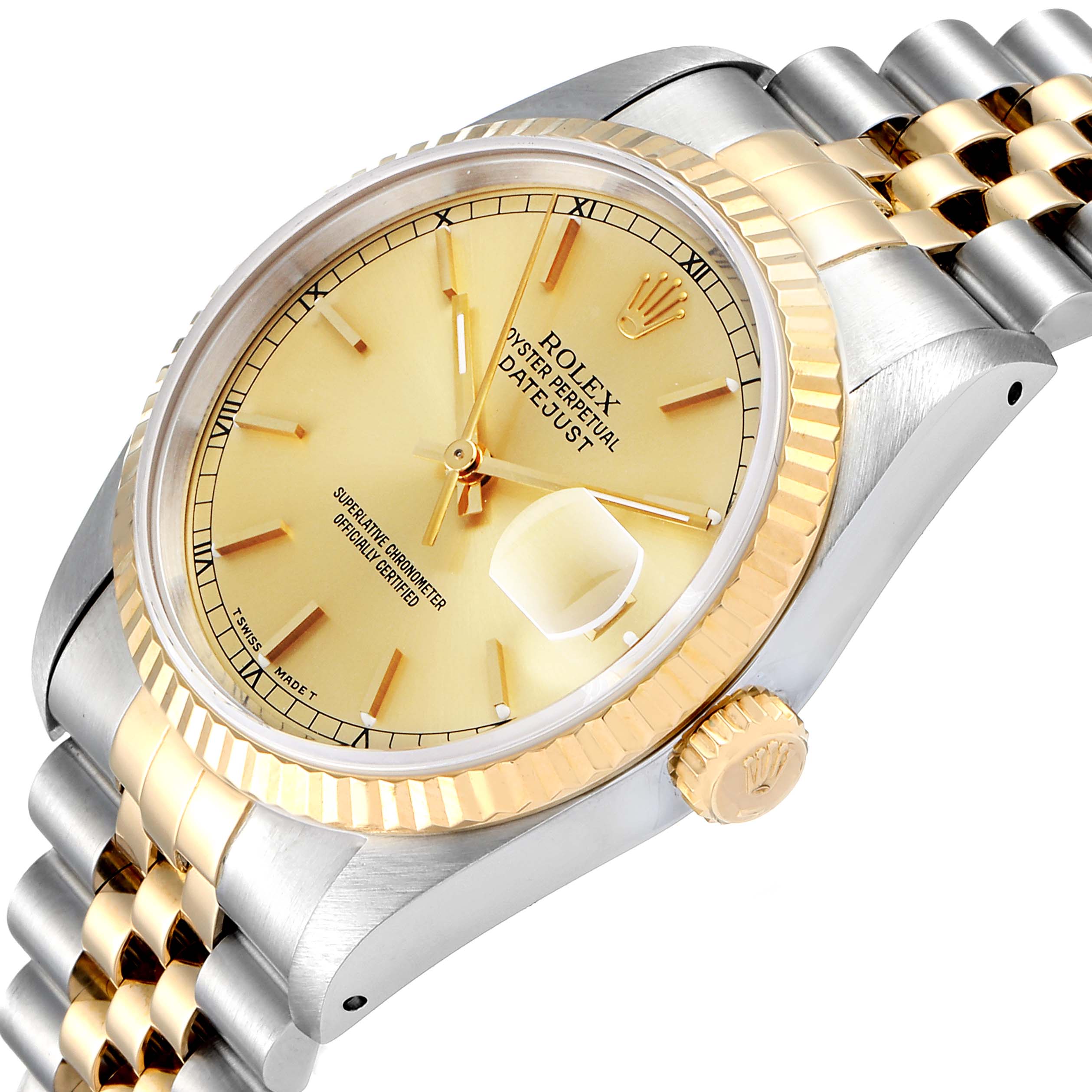 The image shows a side angle view of a Rolex Datejust 16233 Men's Steel and Gold (two tone) Champagne Dial 16233 Men's Steel and Gold (two tone) Champagne Dial watch, highlighting the dial, bezel, crown, and bracelet.