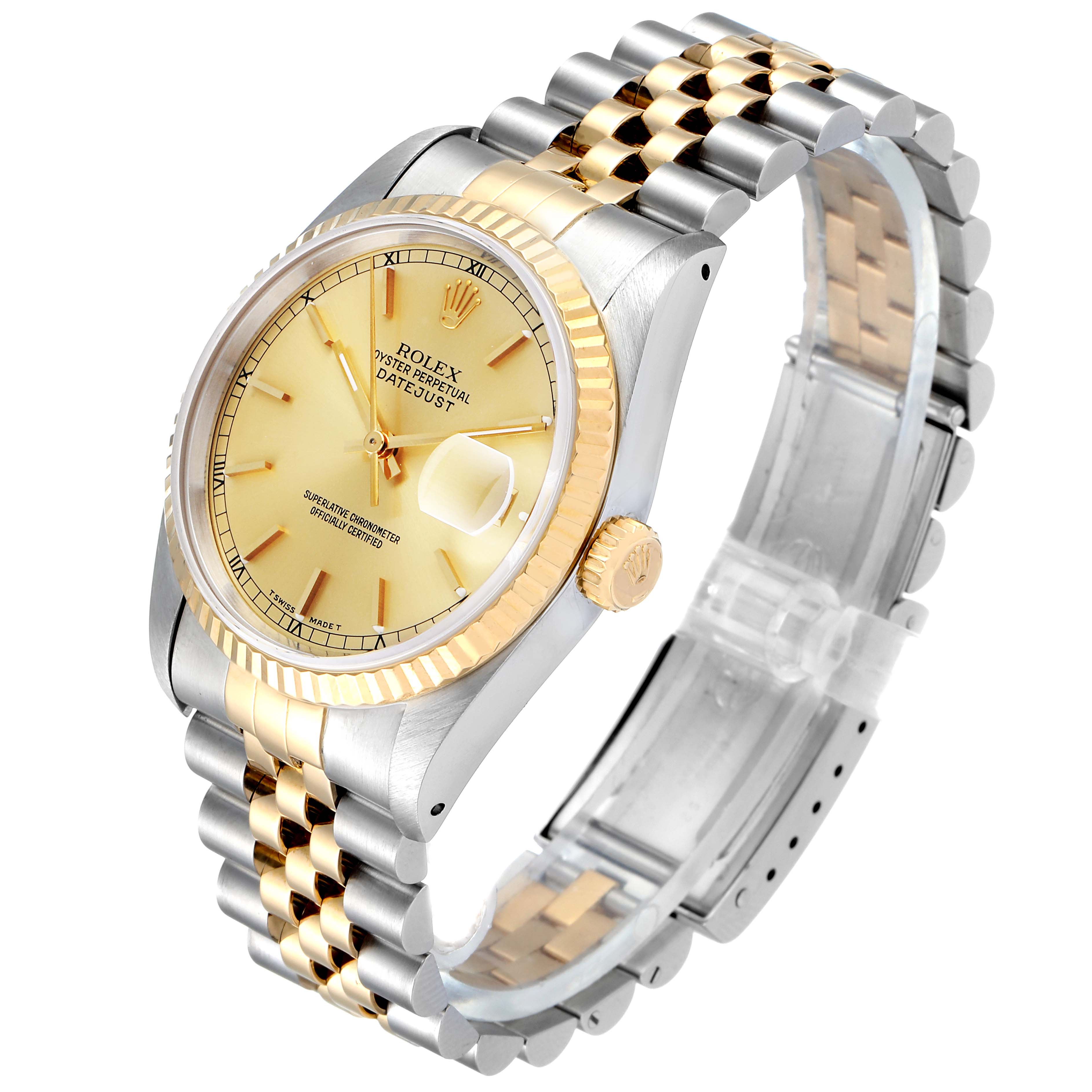 This image shows a Rolex Datejust 16233 Men's Steel and Gold (two tone) Champagne Dial 16233 Men's Steel and Gold (two tone) Champagne Dial watch at a three-quarter angle, highlighting the face, bezel, crown, and bracelet.