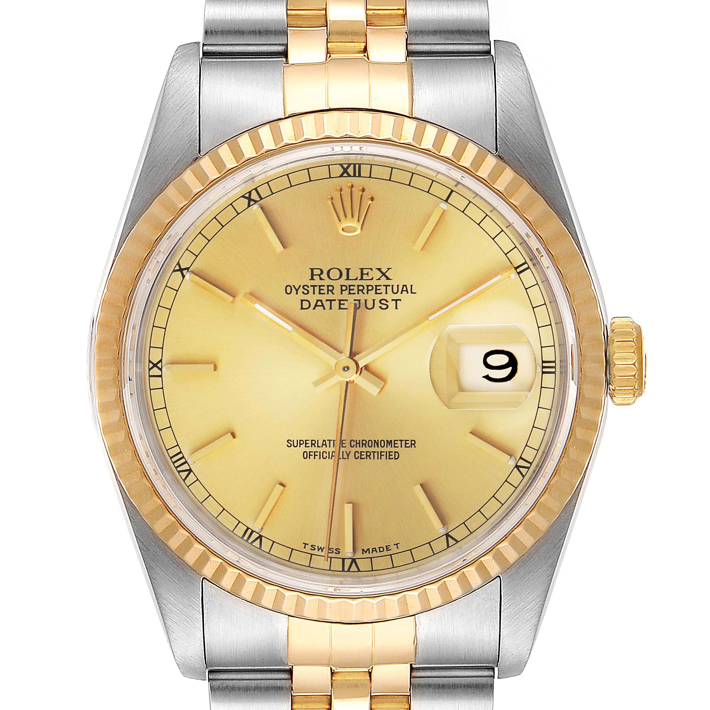 This image shows a frontal view of the Rolex Datejust 16233 Men's Steel and Gold (two tone) Champagne Dial 16233 Men's Steel and Gold (two tone) Champagne Dial watch, including the dial, bezel, crown, and part of the bracelet.