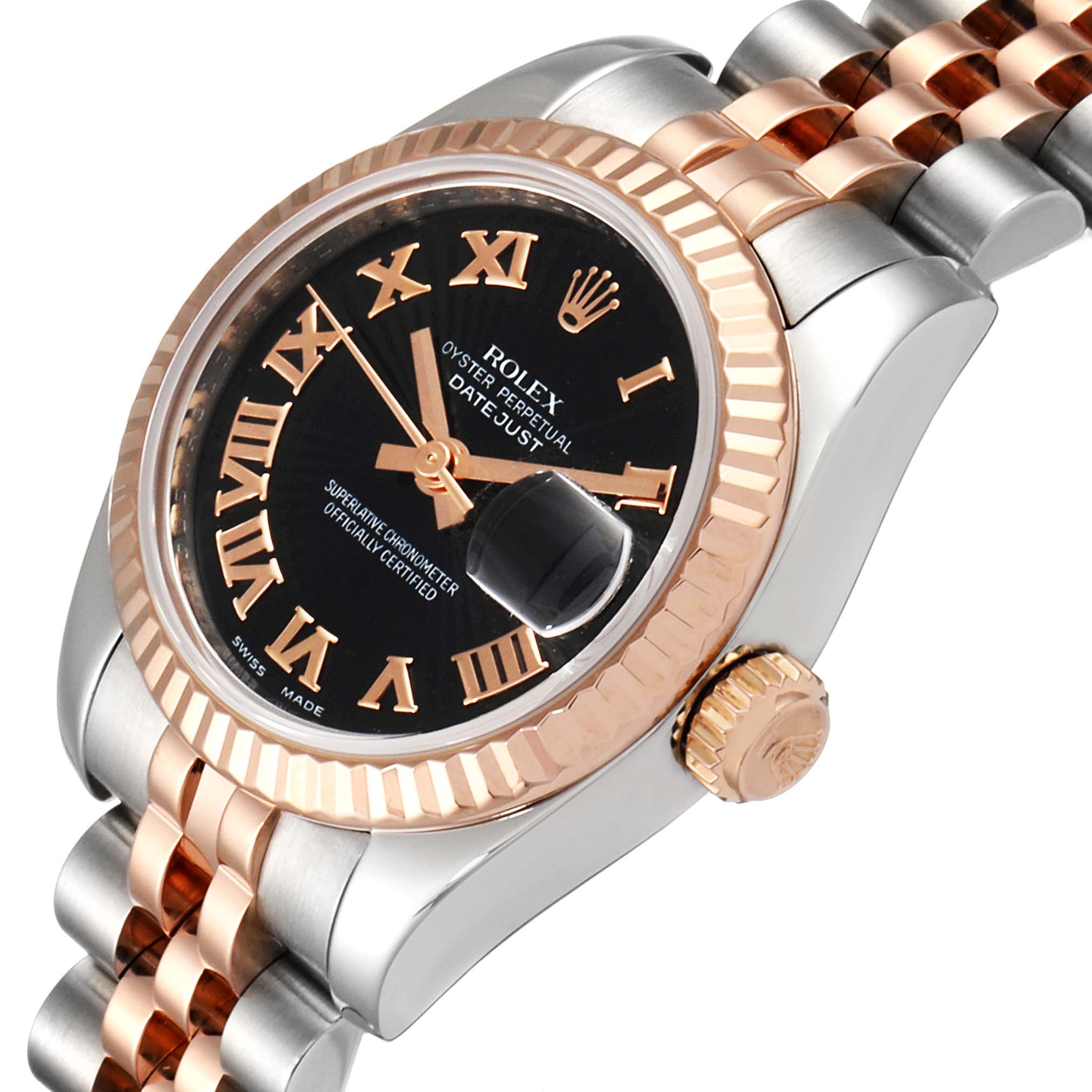 The image shows a Rolex Datejust 179171 Women's Steel and Gold (two tone) Black Dial 179171 Women's Steel and Gold (two tone) Black Dial watch at an angled view, highlighting its black dial, gold Roman numerals, and two-tone bracelet.