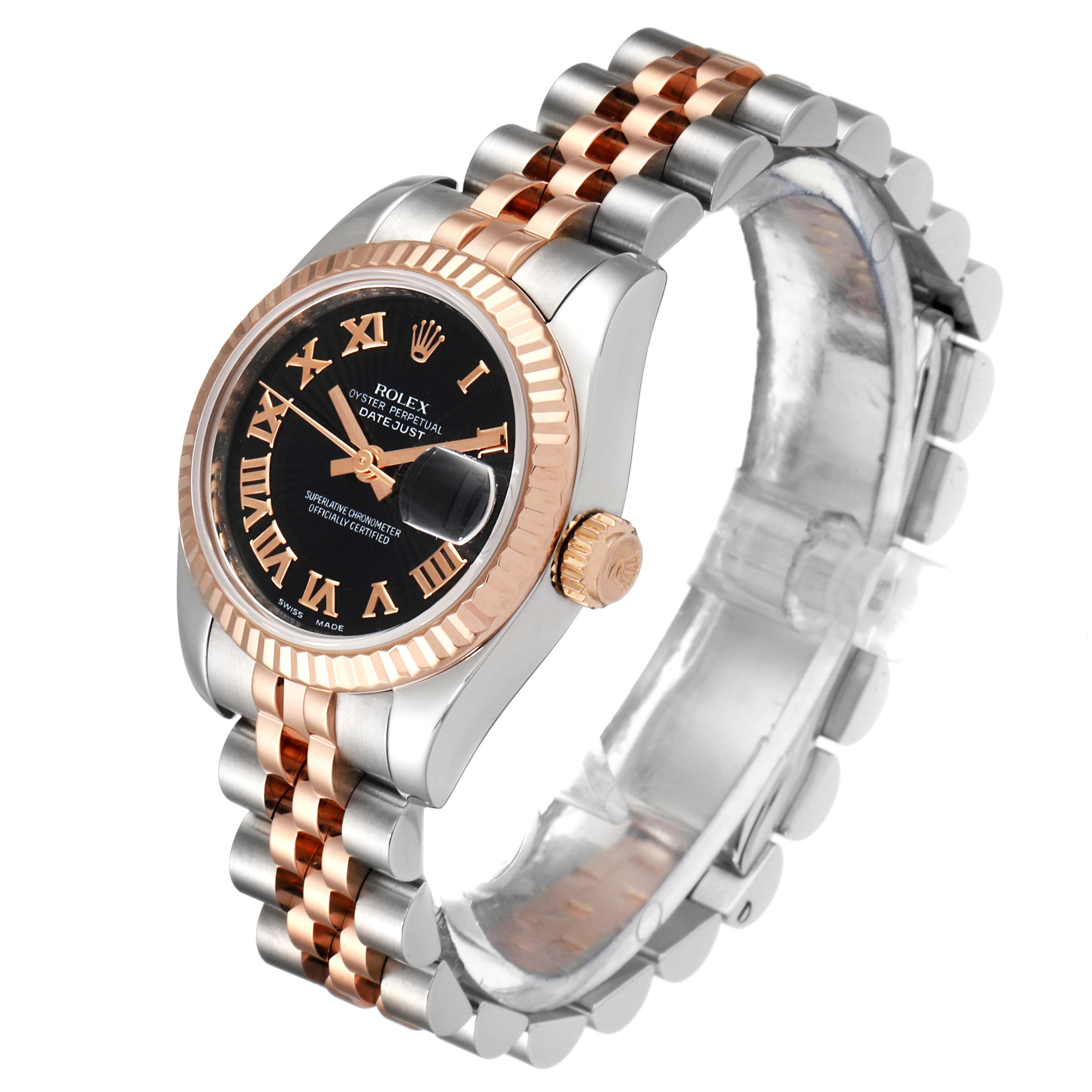 The watch is a Rolex Datejust 179171 Women's Steel and Gold (two tone) Black Dial 179171 Women's Steel and Gold (two tone) Black Dial model, shown at an angle highlighting the face, bezel, and two-tone bracelet.