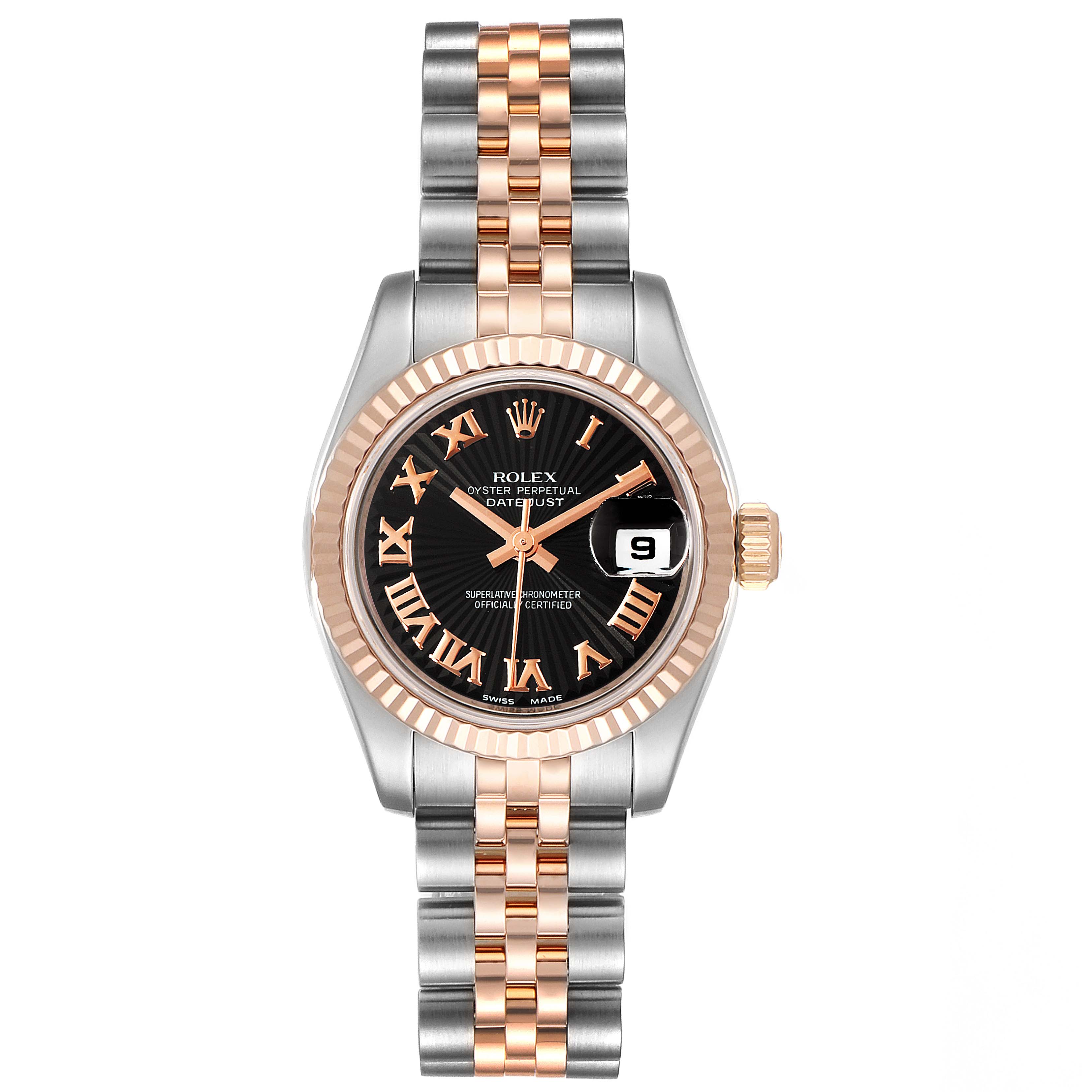 The image shows a front angle of a Rolex Datejust 179171 Women's Steel and Gold (two tone) Black Dial 179171 Women's Steel and Gold (two tone) Black Dial watch with a two-tone bracelet and a black dial with Roman numerals.