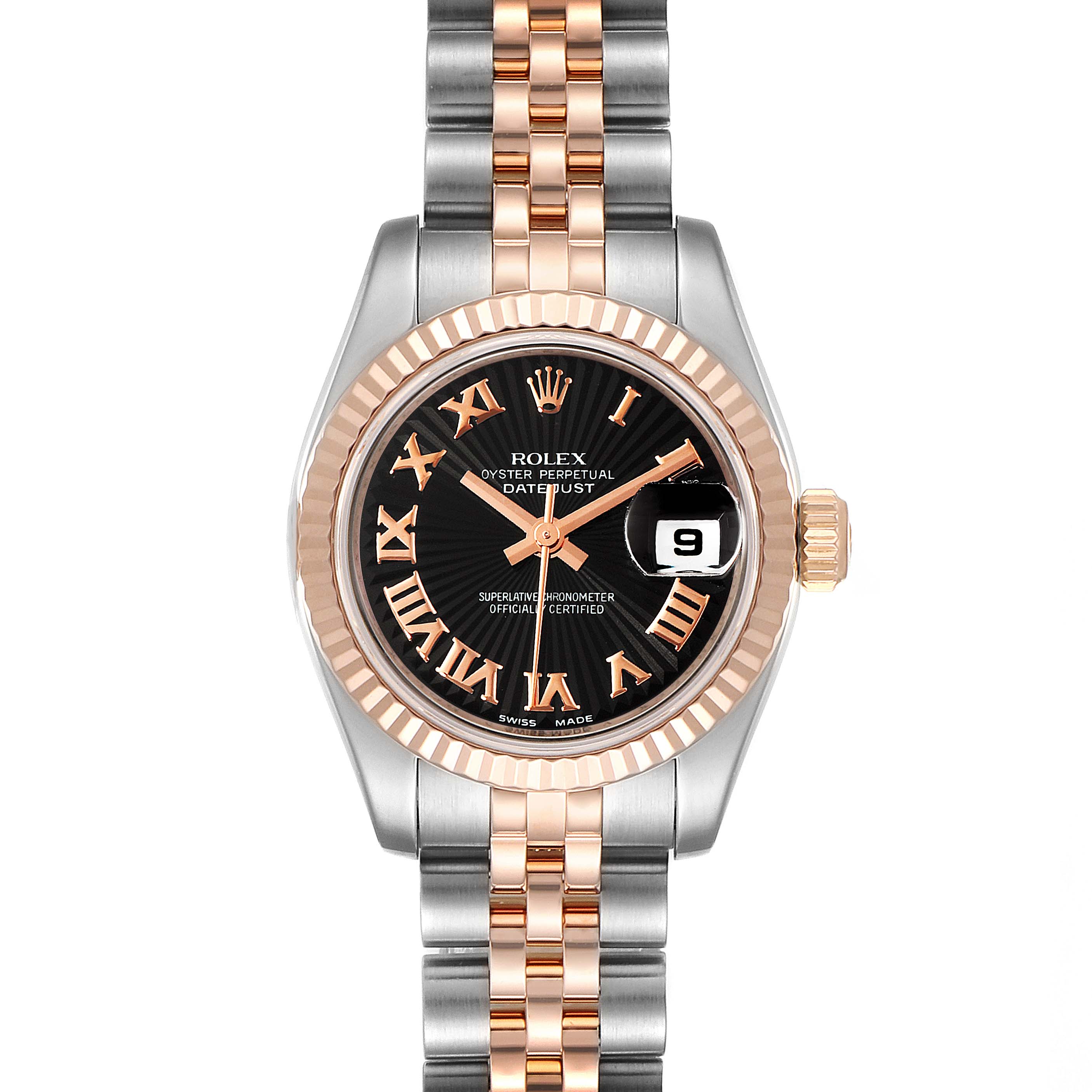 The image shows a Rolex Datejust 179171 Women's Steel and Gold (two tone) Black Dial 179171 Women's Steel and Gold (two tone) Black Dial watch from a front angle, displaying the dial, bezel, crown, and bracelet.