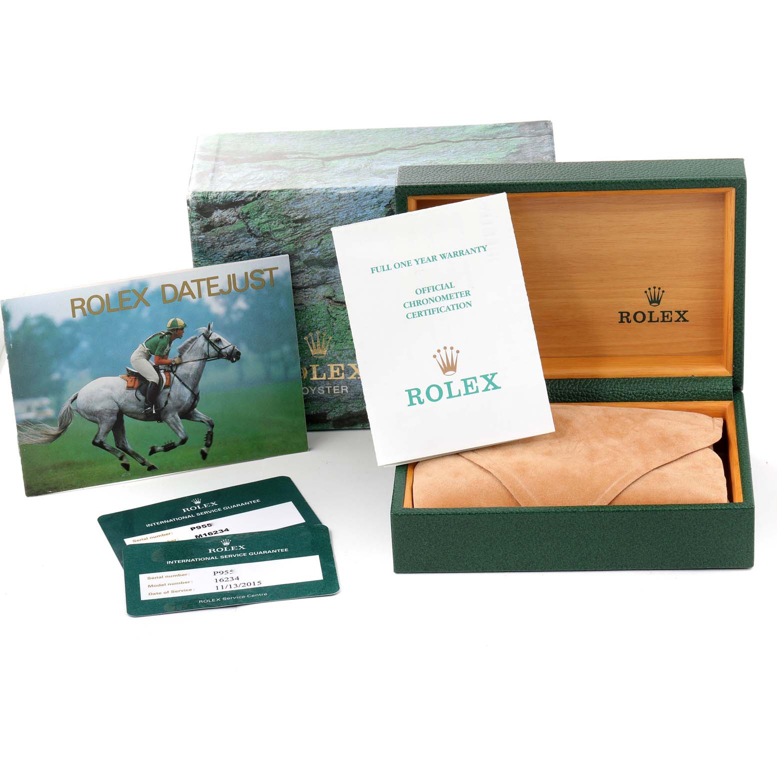 The image shows the packaging, warranty cards, manual, and presentation box of a Rolex Datejust 16234 Men
s Stainless Steel Black Dial 16234 Men
s Stainless Steel Black Dial watch.