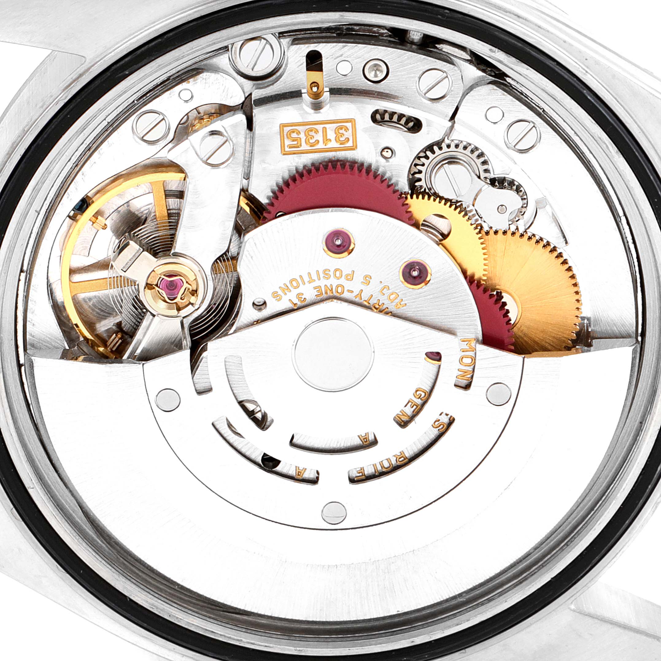This is a close-up view of the internal mechanics of a Rolex Datejust 16234 Men
s Stainless Steel Black Dial 16234 Men
s Stainless Steel Black Dial watch, showing the movement and gears.