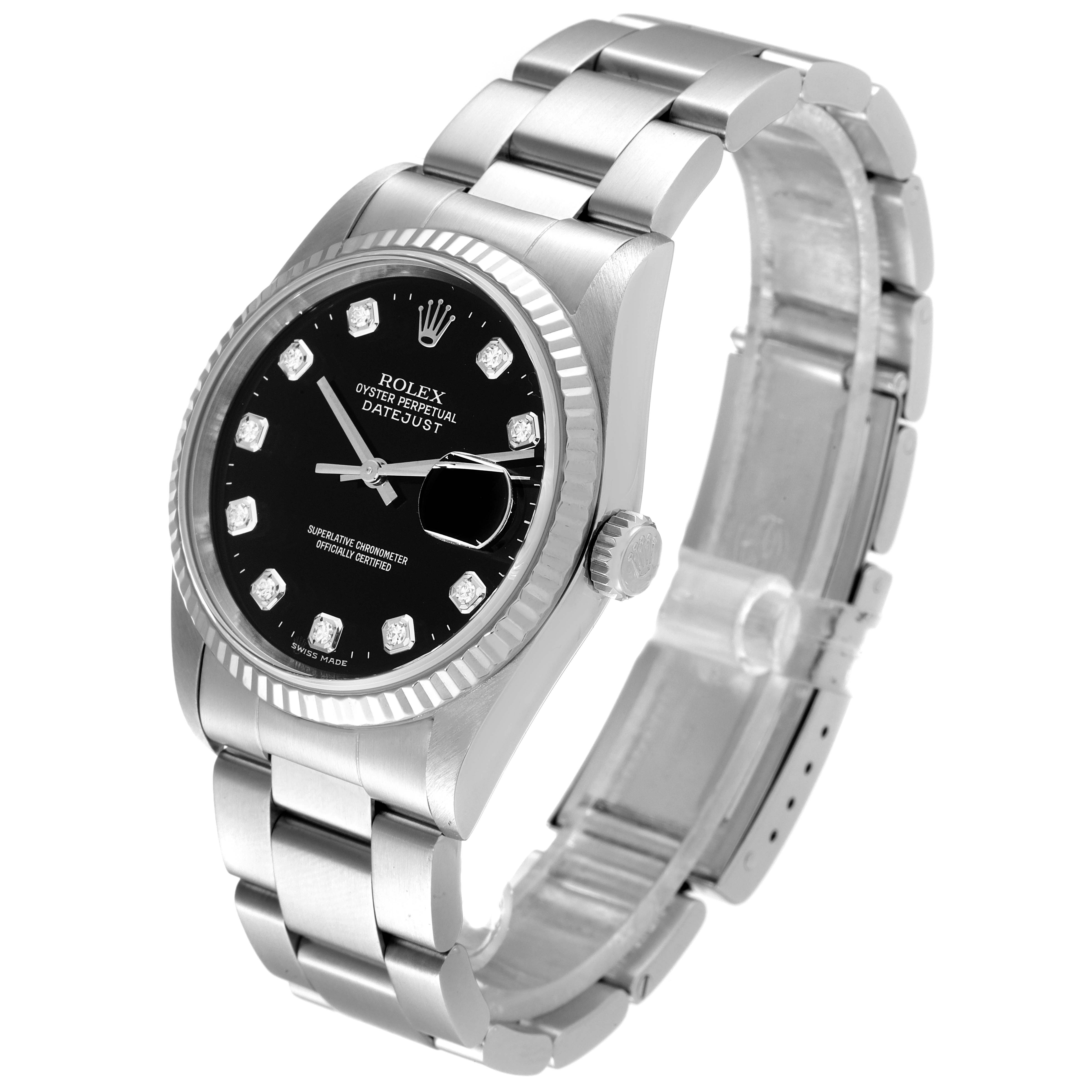 The Rolex Datejust 16234 Men
s Stainless Steel Black Dial 16234 Men
s Stainless Steel Black Dial watch is shown at an angled view, highlighting the dial, bezel, crown, and part of the bracelet.