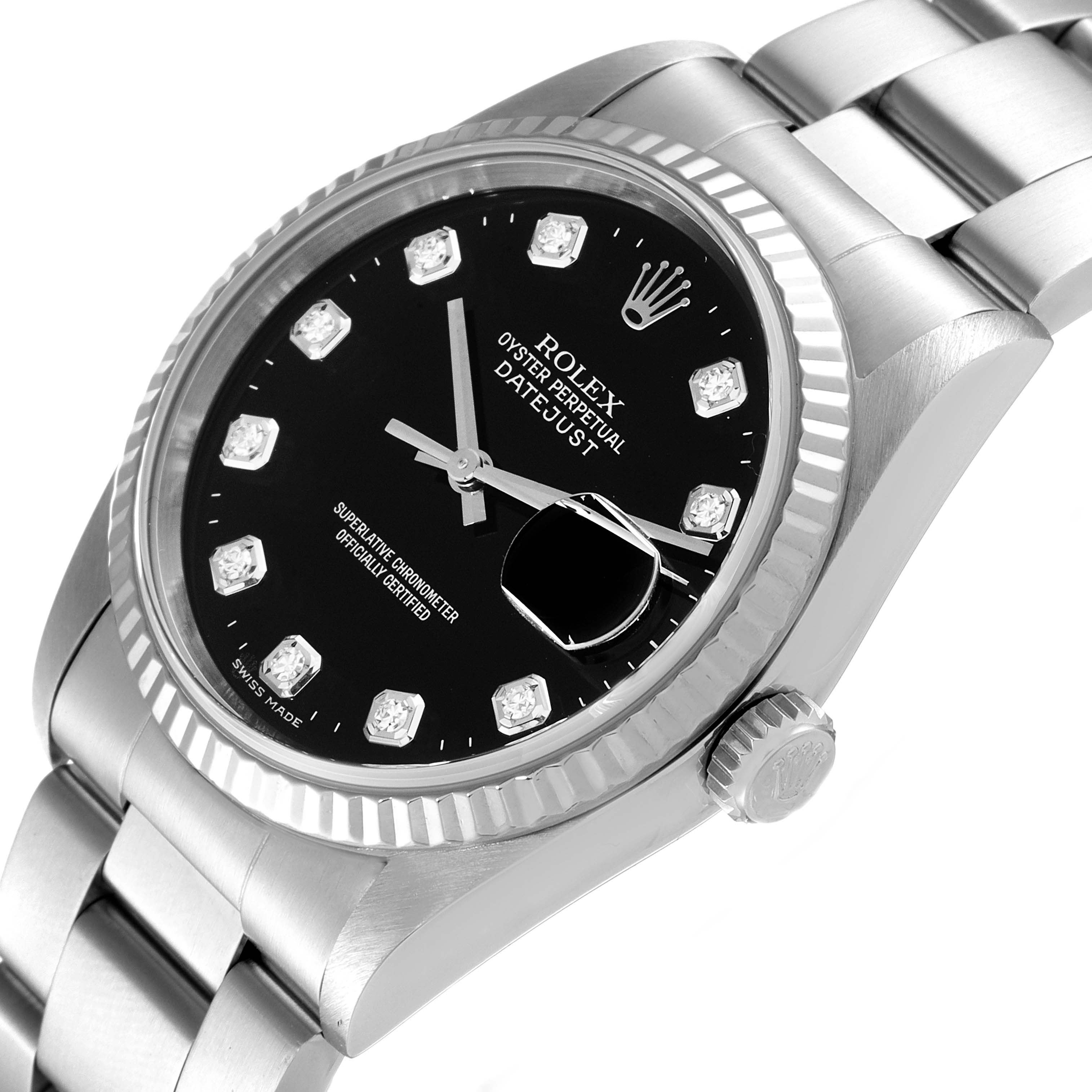 The Rolex Datejust 16234 Men
s Stainless Steel Black Dial 16234 Men
s Stainless Steel Black Dial watch is shown at an angled view, highlighting the black dial, fluted bezel, and part of the bracelet.