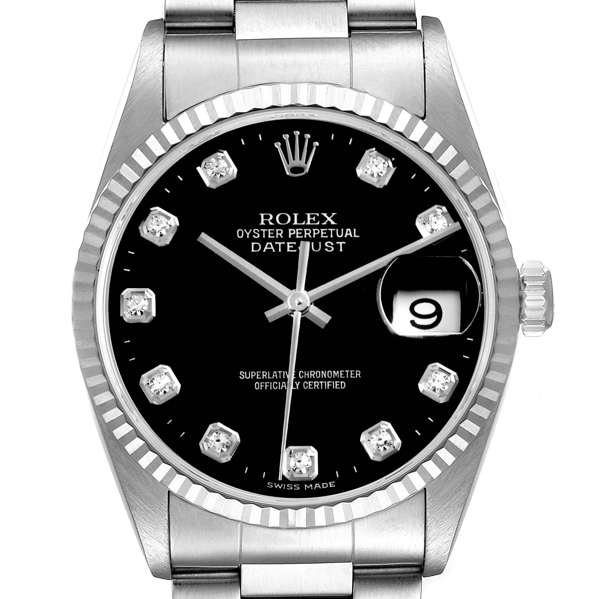 This image shows a front view of a Rolex Datejust 16234 Men
s Stainless Steel Black Dial 16234 Men
s Stainless Steel Black Dial watch, highlighting the dial, date window, and part of the bracelet.