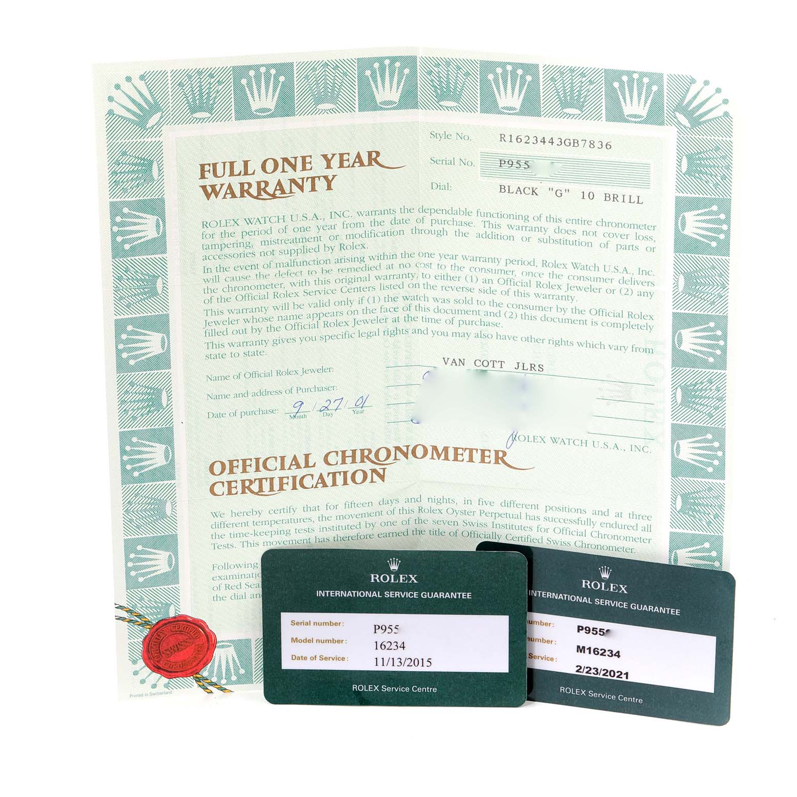 The image displays warranty and certification papers for the Rolex Datejust 16234 Men
s Stainless Steel Black Dial 16234 Men
s Stainless Steel Black Dial model along with two service guarantee cards.