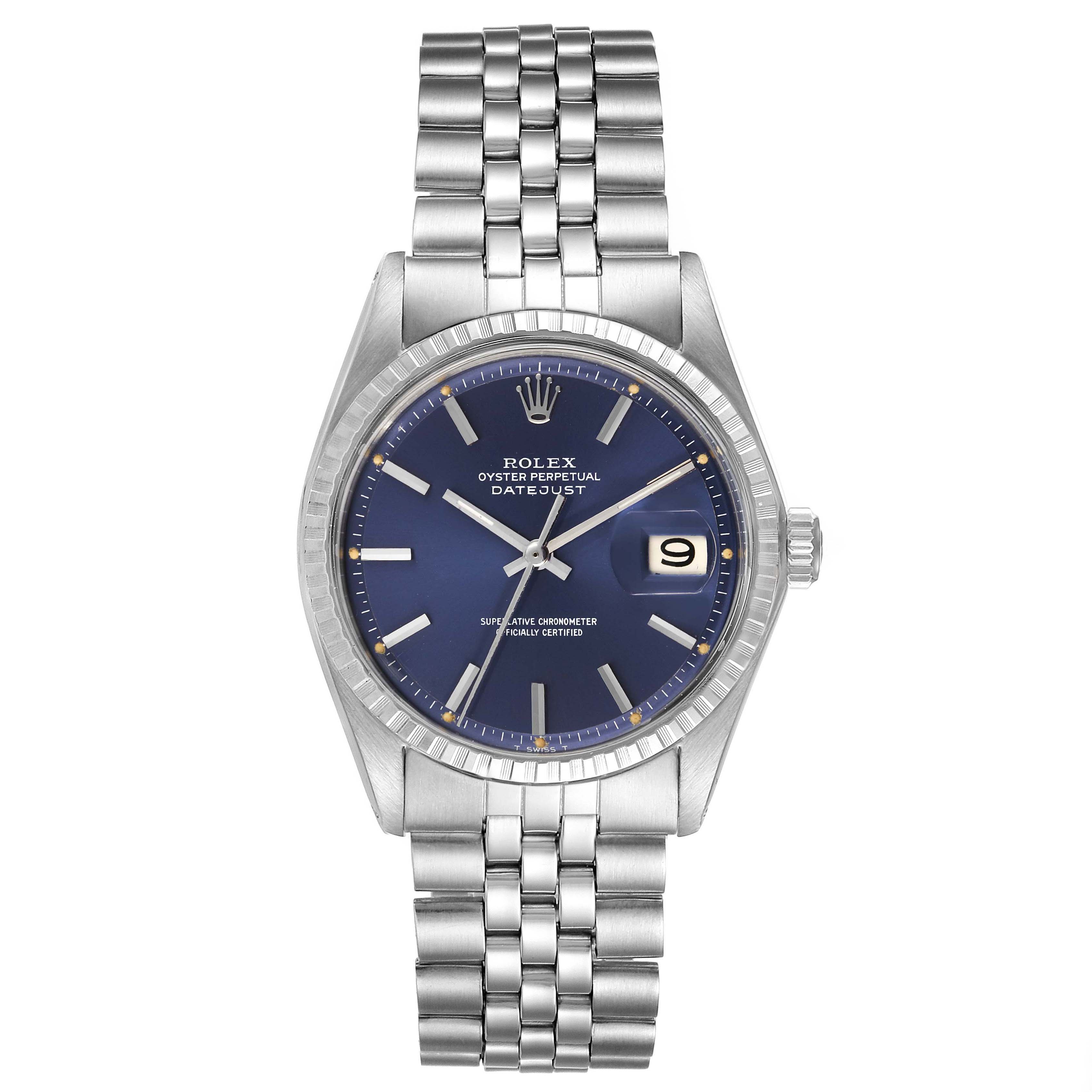The Rolex Vintage Collection 1601 Men's Stainless Steel Blue Dial 1601 Men's Stainless Steel Blue Dial model shows a front view of the watch displaying the face, bezel, case, and bracelet.