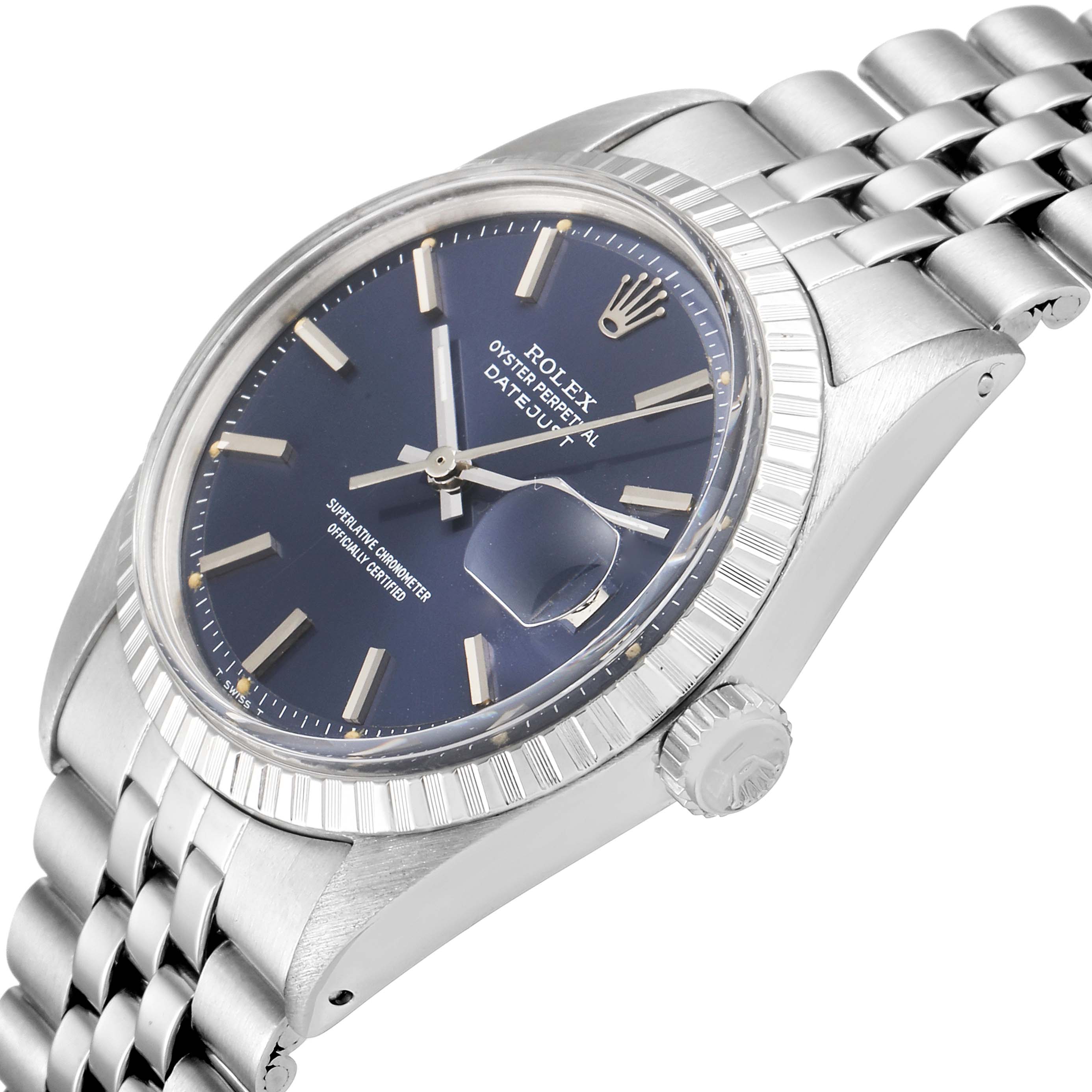 The image shows a Rolex Vintage Collection 1601 Men's Stainless Steel Blue Dial 1601 Men's Stainless Steel Blue Dial Datejust watch at an angled view, highlighting its dial, bezel, and bracelet.