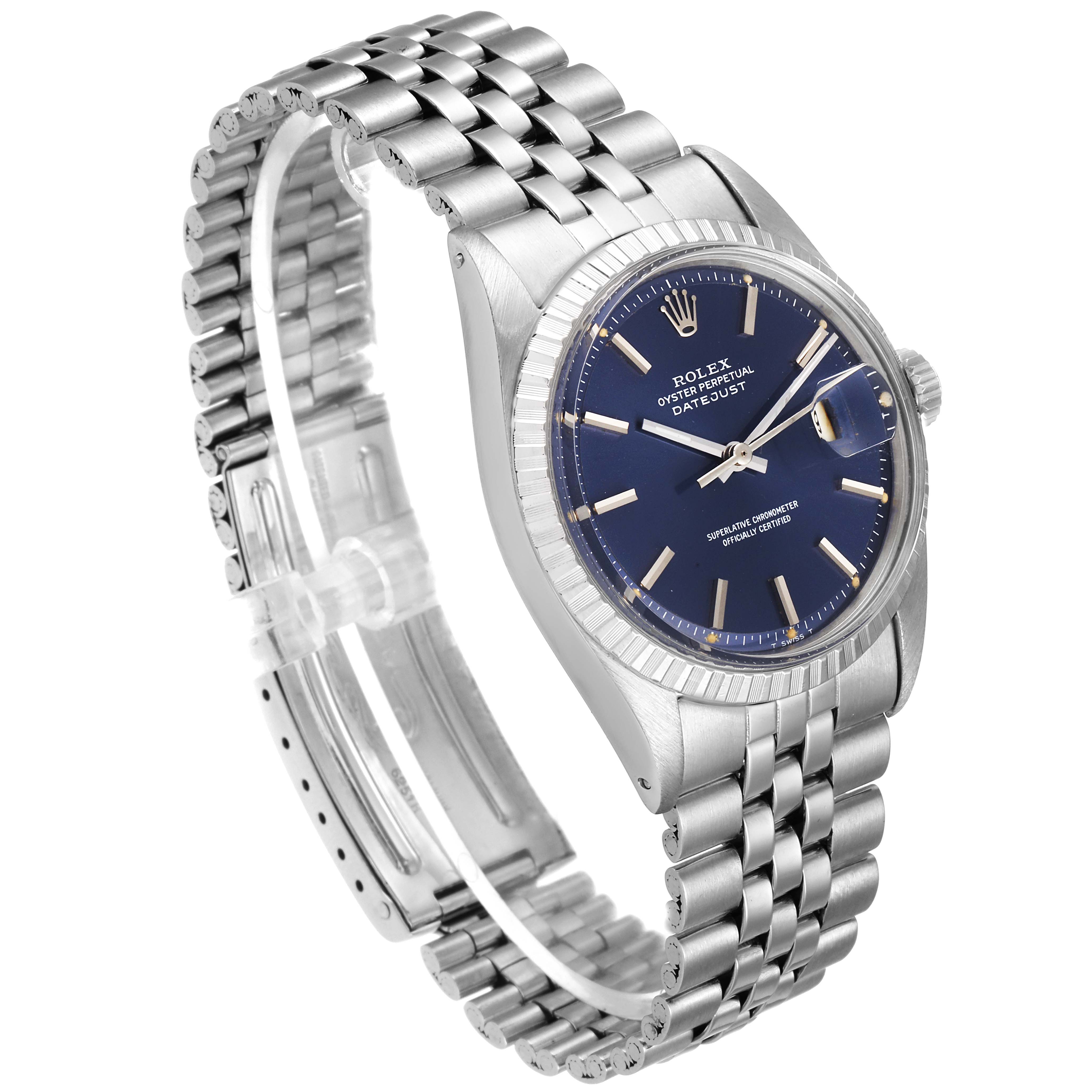 The image shows a Rolex Vintage Collection 1601 Men's Stainless Steel Blue Dial 1601 Men's Stainless Steel Blue Dial watch with a blue dial, seen from an angled side view displaying the face, bezel, and metal bracelet.