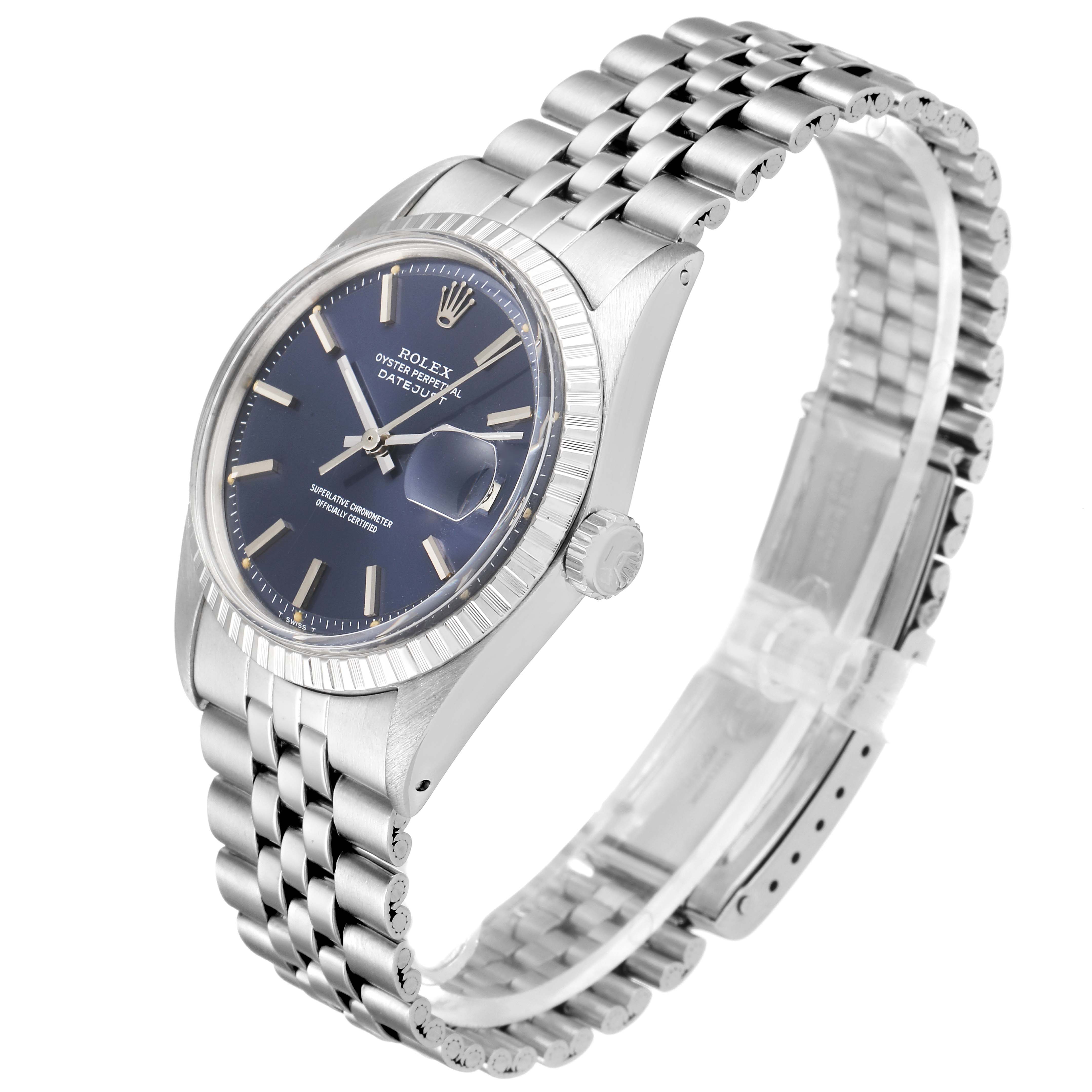 The image shows a Rolex Vintage Collection 1601 Men's Stainless Steel Blue Dial 1601 Men's Stainless Steel Blue Dial watch angled to display the face, crown, and stainless steel bracelet.