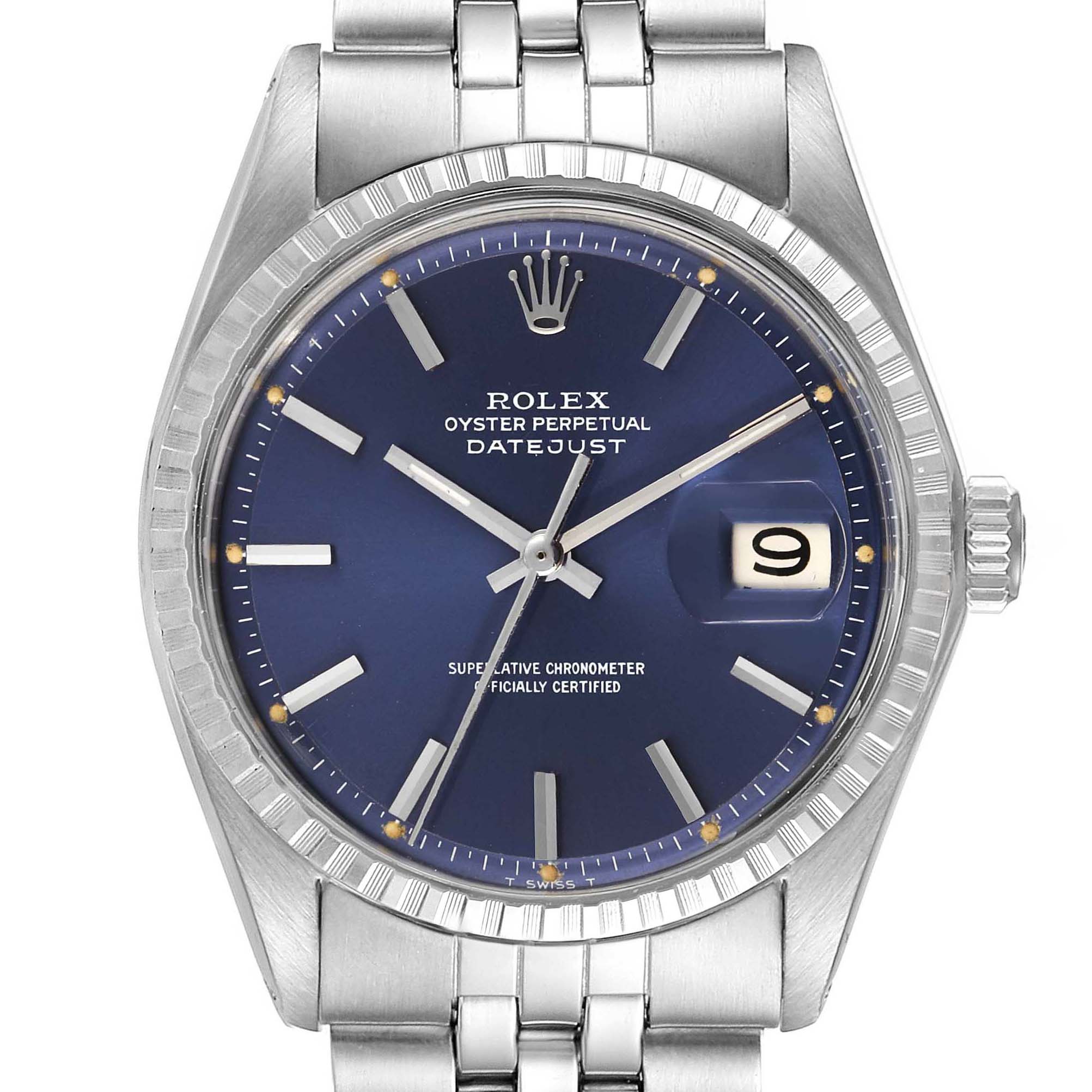 This image shows a front view of the Rolex Vintage Collection 1601 Men's Stainless Steel Blue Dial 1601 Men's Stainless Steel Blue Dial Datejust watch, highlighting the blue dial, bezel, and bracelet.
