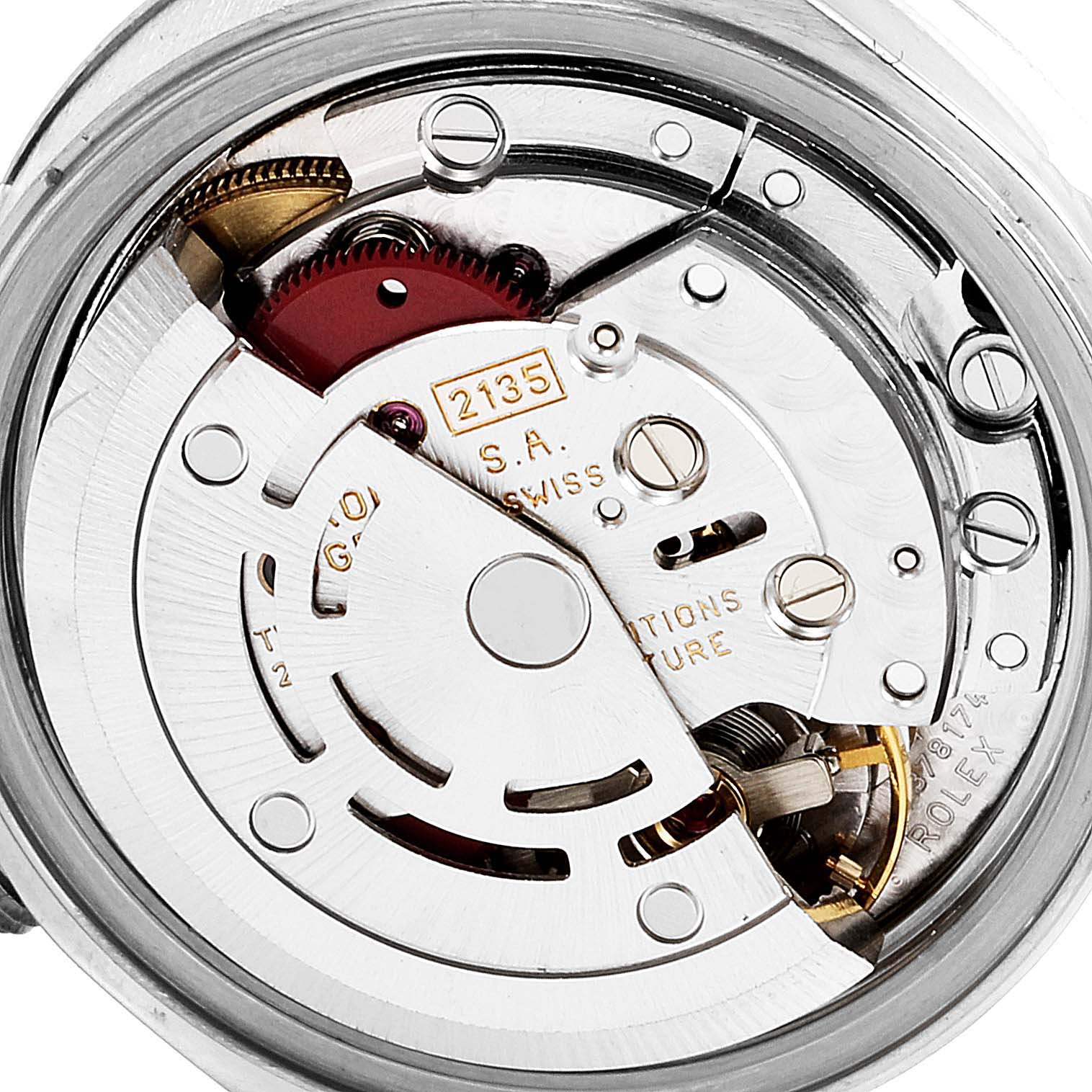 The image shows the movement of a Rolex Datejust 69174 Women's Stainless Steel Silver Dial 69174 Women's Stainless Steel Silver Dial watch from a close-up, top-down angle.