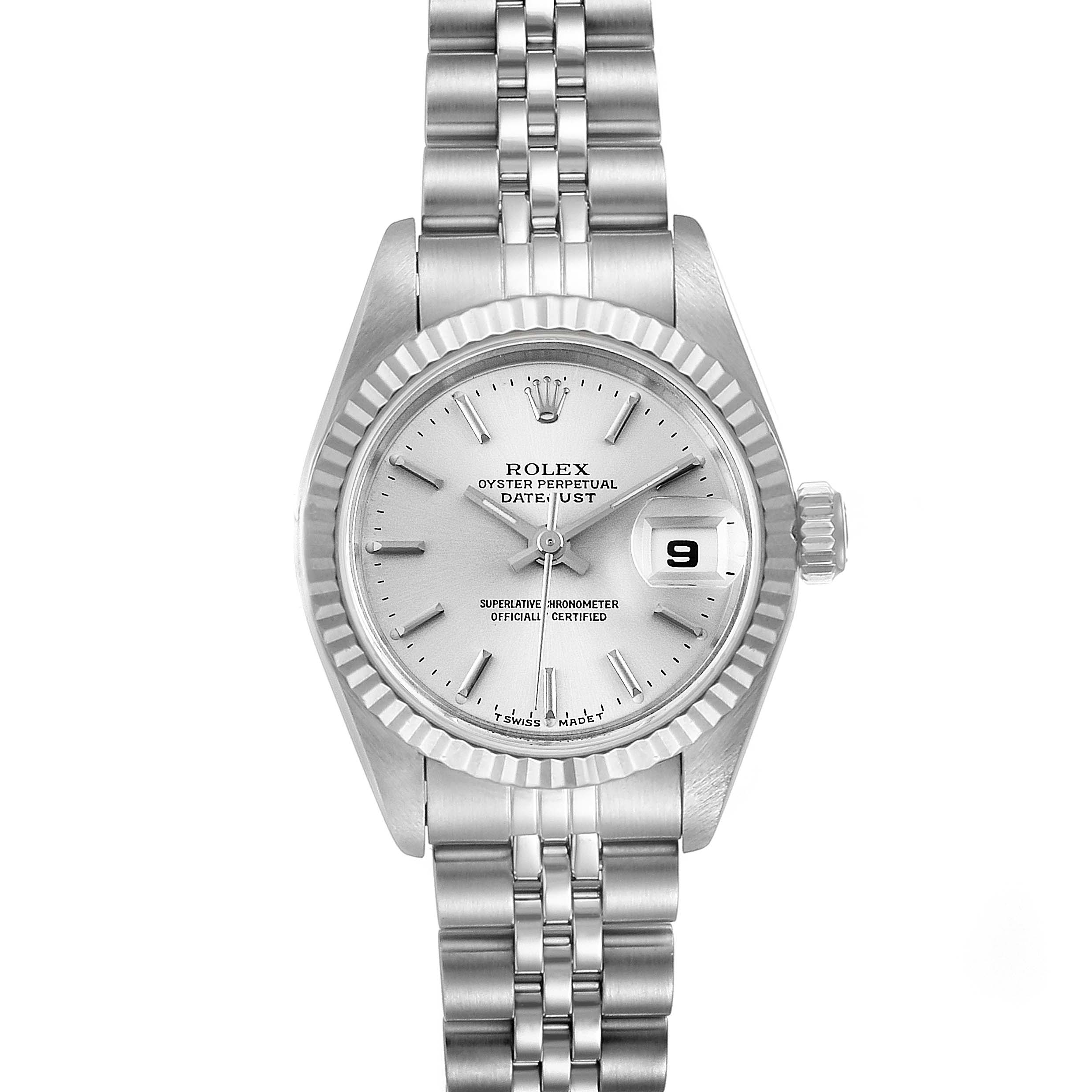 The Rolex Datejust 69174 Women's Stainless Steel Silver Dial 69174 Women's Stainless Steel Silver Dial watch is shown from a straight-on angle, displaying the dial, bezel, and bracelet.