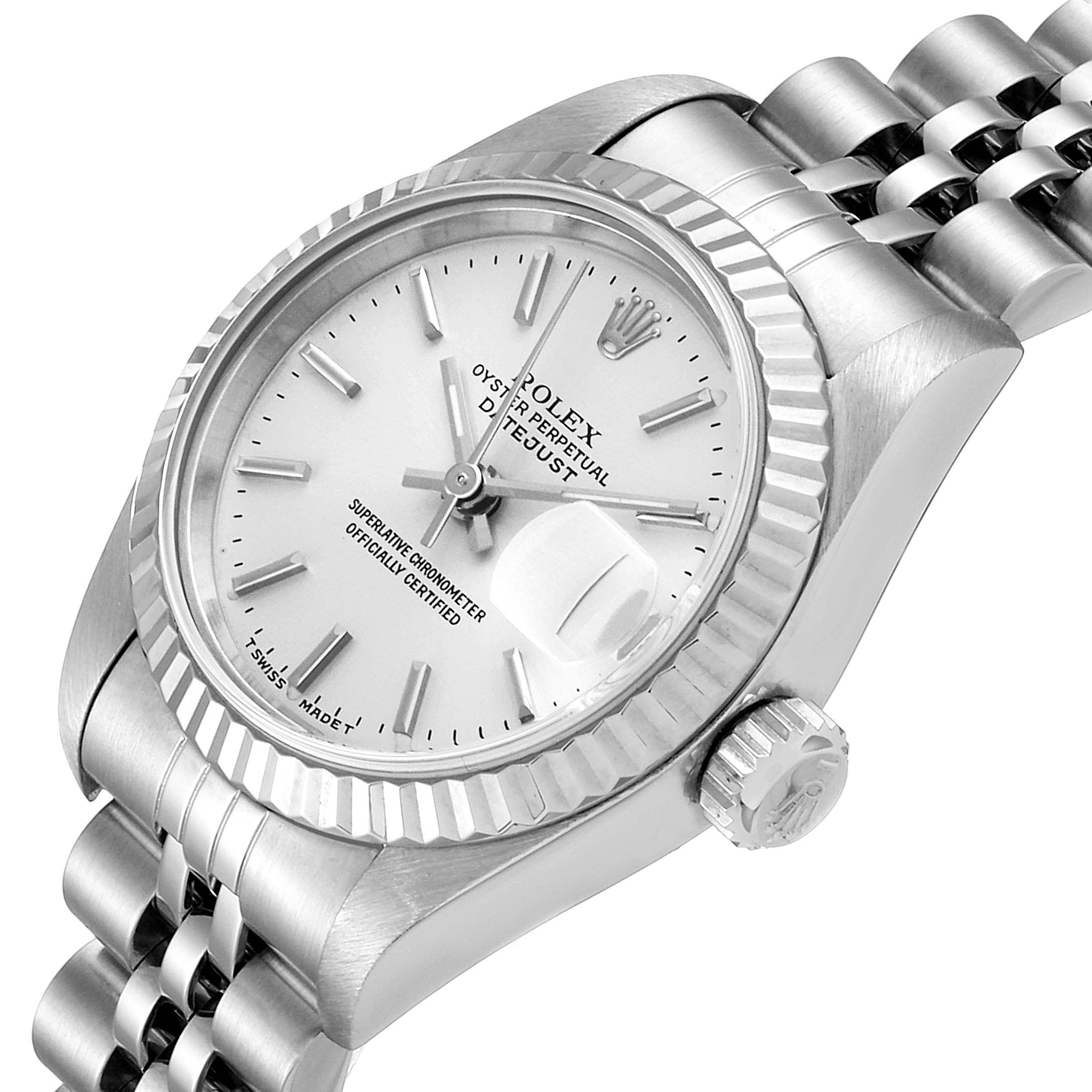 The Rolex Datejust 69174 Women's Stainless Steel Silver Dial 69174 Women's Stainless Steel Silver Dial watch is shown at an angled side view, displaying the dial, bezel, crown, and a portion of the bracelet.