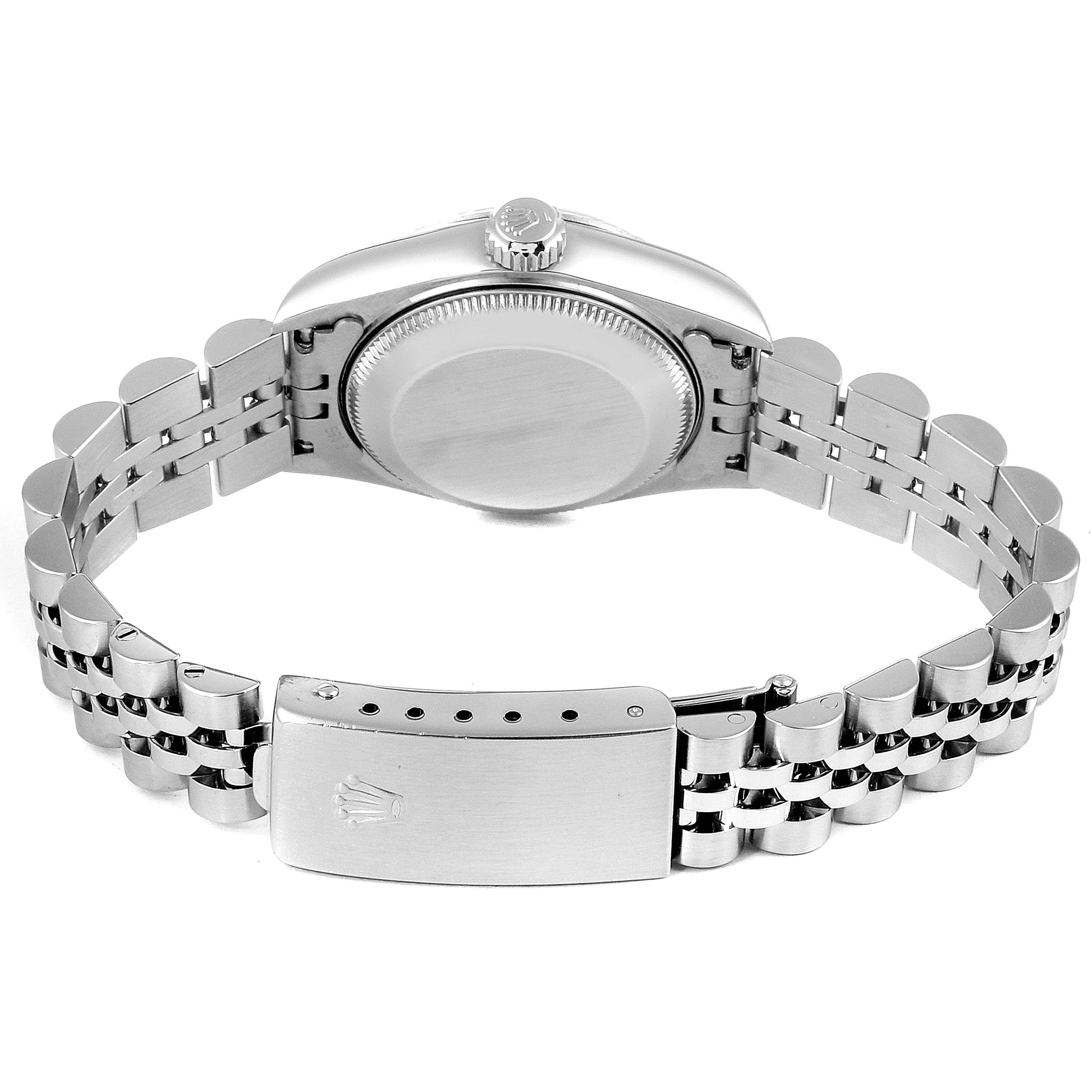 The image shows the back view of a Rolex Datejust 69174 Women's Stainless Steel Silver Dial 69174 Women's Stainless Steel Silver Dial watch, featuring its case back, crown, and the Jubilee bracelet with the clasp.
