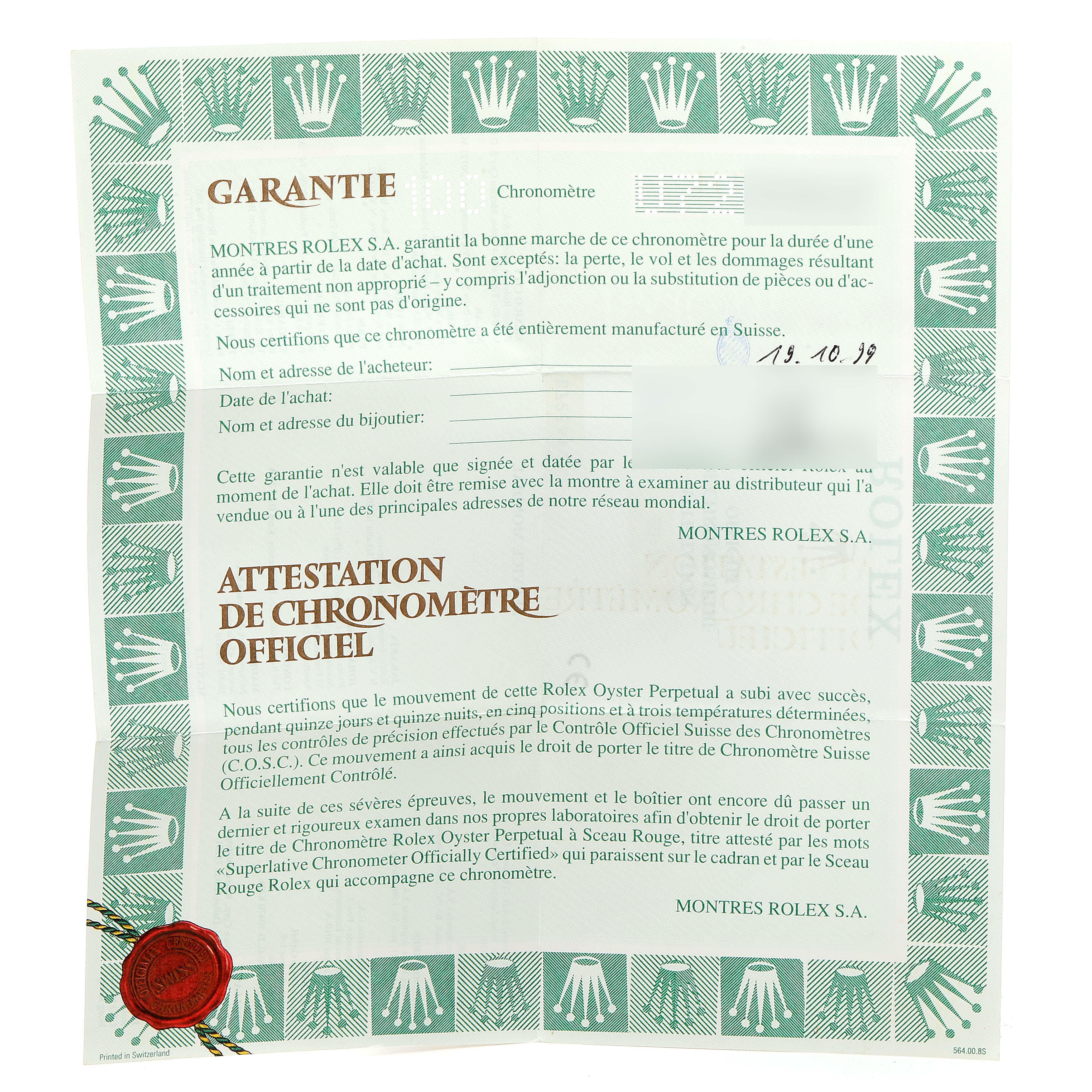 This image shows the warranty and chronometer certification documents for a Rolex Datejust 69174 Women's Stainless Steel Silver Dial 69174 Women's Stainless Steel Silver Dial watch.