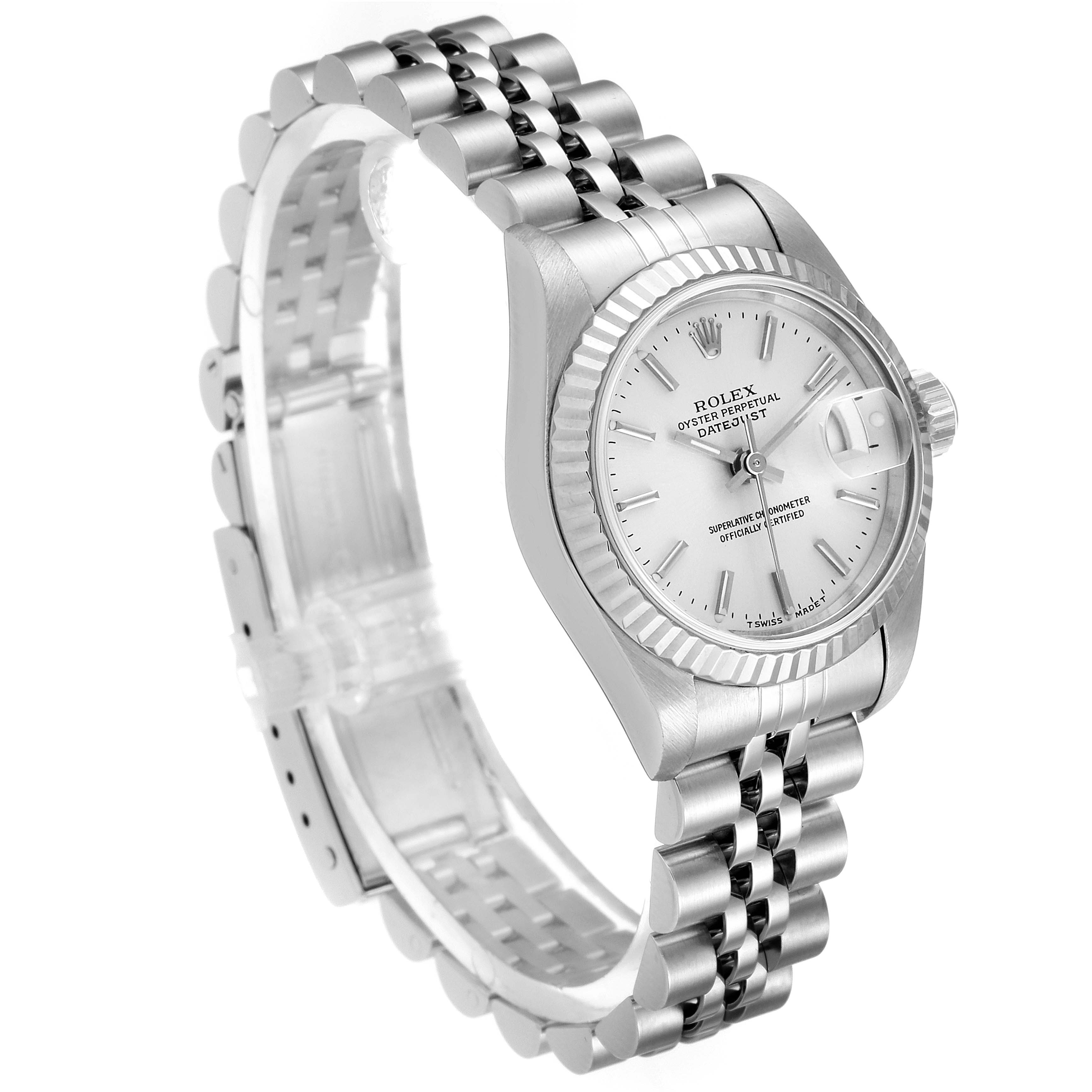 The image shows a side-angle view of the Rolex Datejust 69174 Women's Stainless Steel Silver Dial 69174 Women's Stainless Steel Silver Dial watch, highlighting the bracelet, dial, and fluted bezel.
