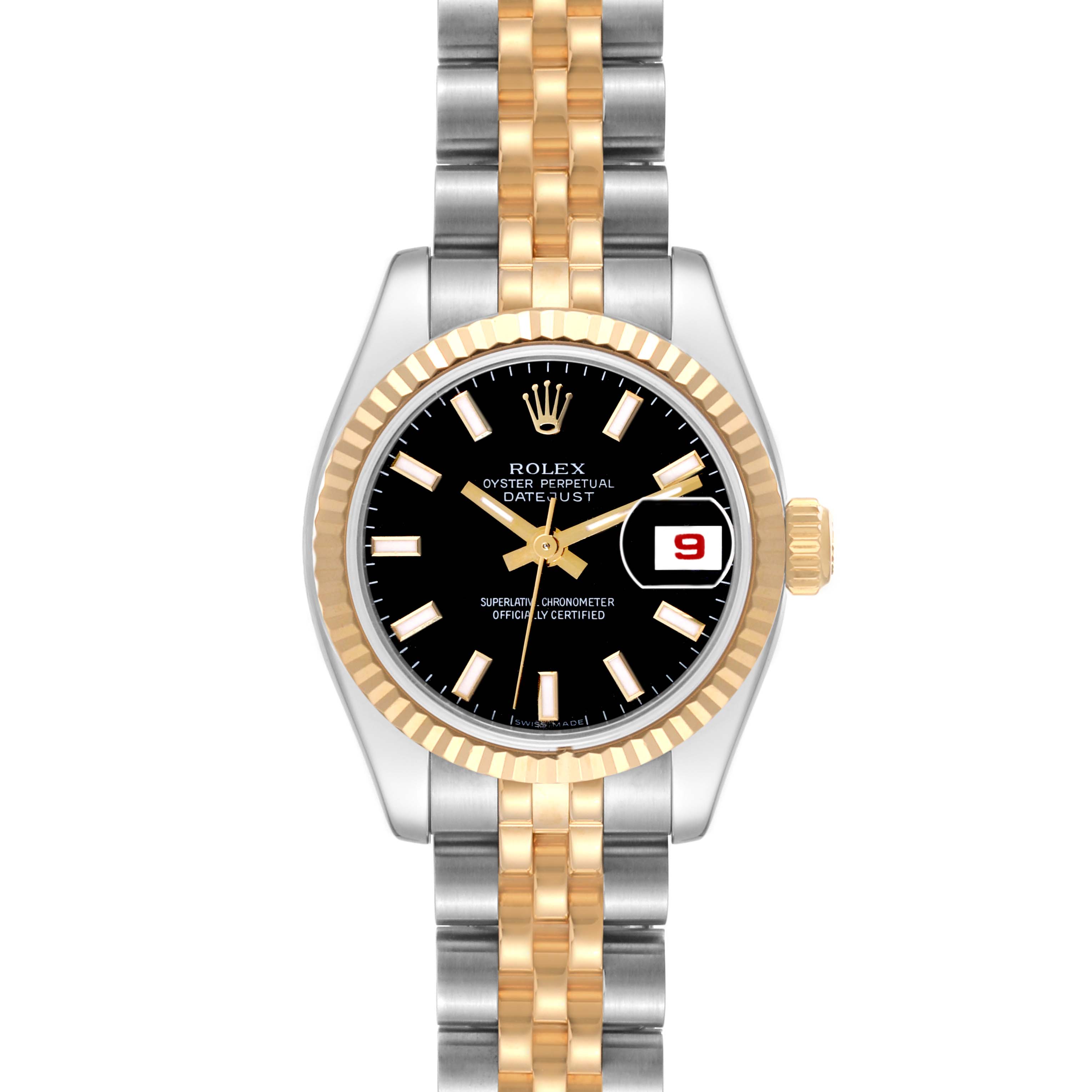 A Rolex Datejust 179173 Women's Steel and Gold (two tone) Black Dial 179173 Women's Steel and Gold (two tone) Black Dial watch is shown from the front, highlighting its two-tone bracelet, black dial, and date window.