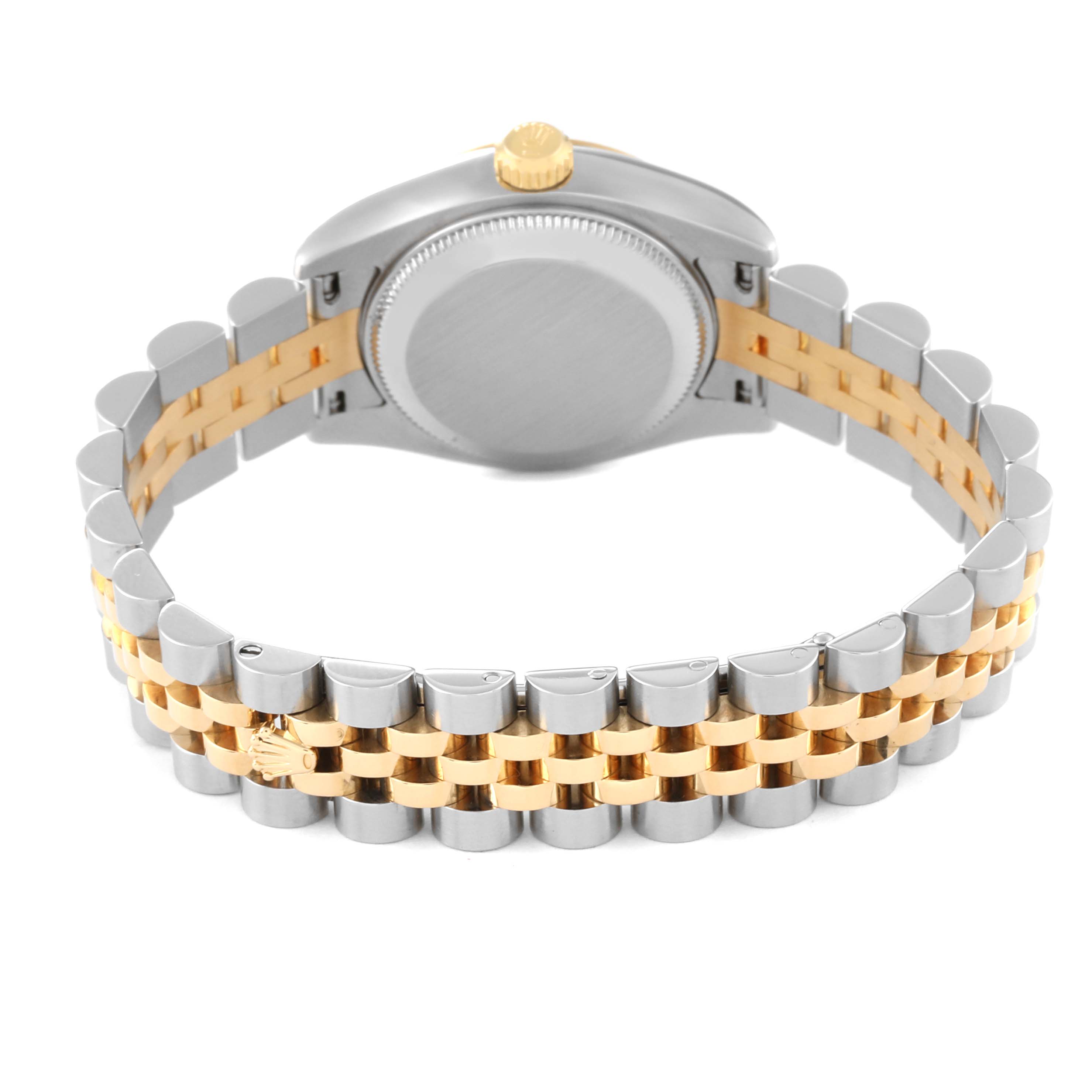 This image shows the back case and two-tone jubilee bracelet of a Rolex Datejust 179173 Women's Steel and Gold (two tone) Black Dial 179173 Women's Steel and Gold (two tone) Black Dial watch from a rear angle.