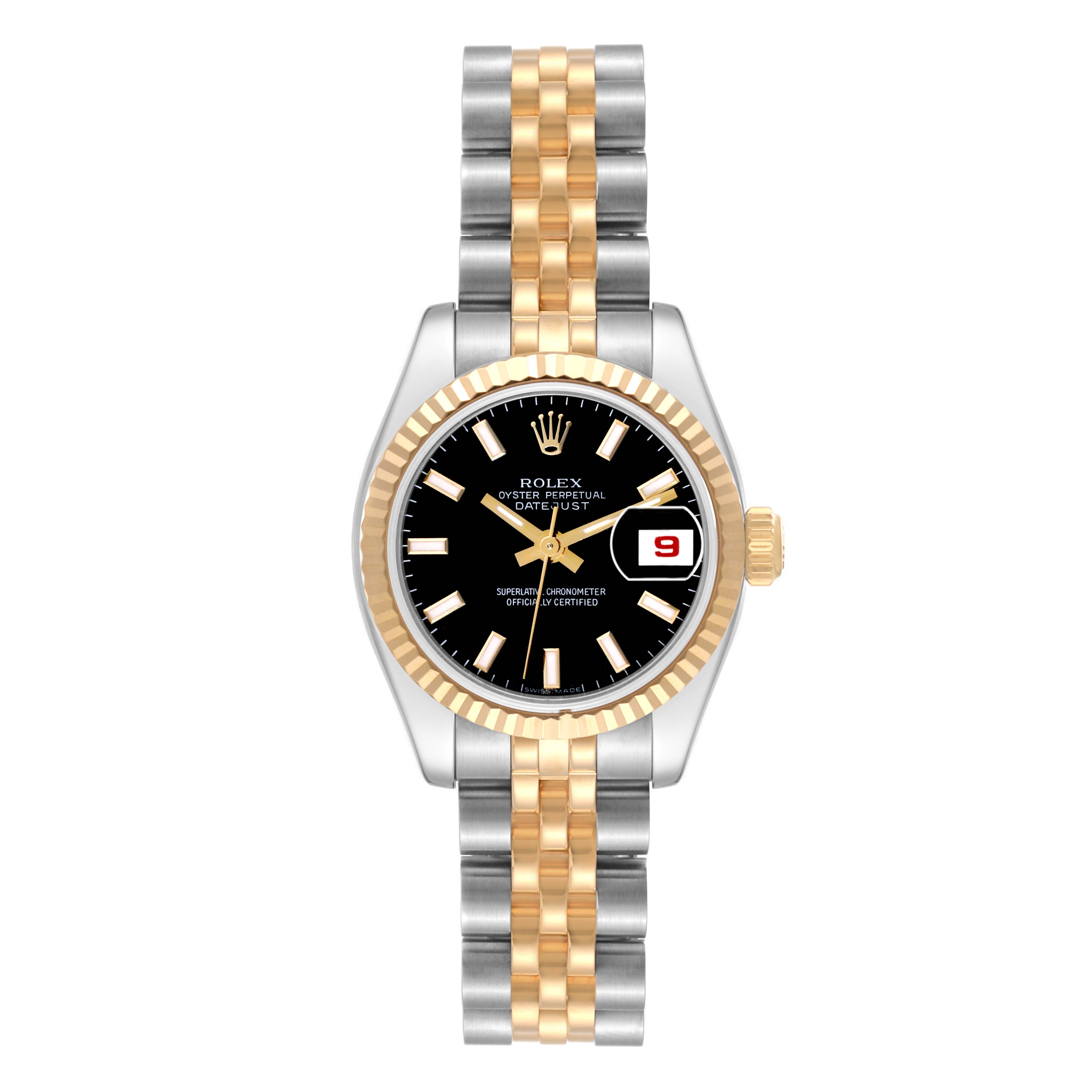 The Rolex Datejust 179173 Women's Steel and Gold (two tone) Black Dial 179173 Women's Steel and Gold (two tone) Black Dial watch is shown from a top-down perspective, displaying its face, bezel, and bracelet.