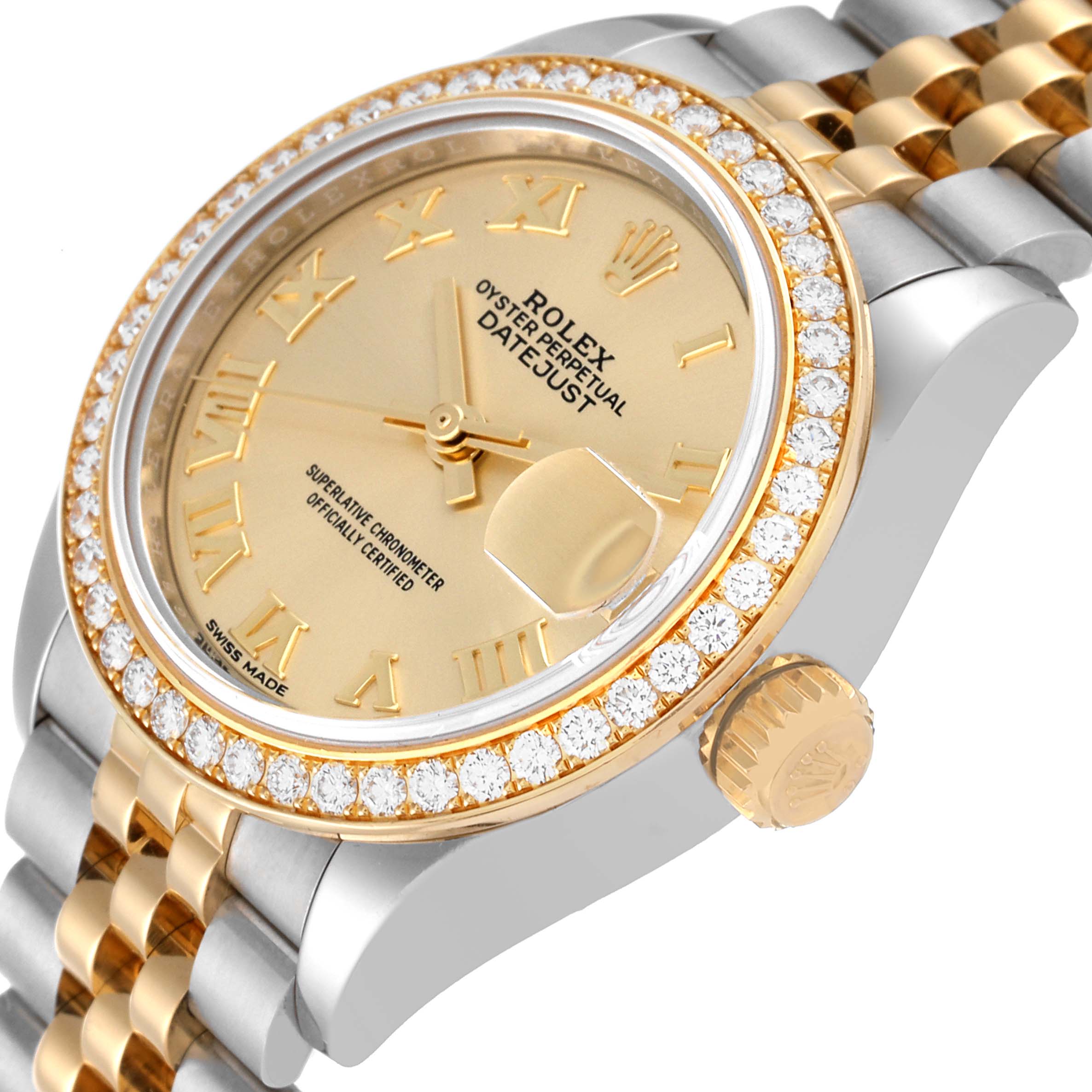 The image shows a side angle of a Rolex Datejust 279383 Women's Steel and Gold (two tone) Champagne Dial 279383 Women's Steel and Gold (two tone) Champagne Dial watch, highlighting the dial, bezel, crown, and part of the bracelet.