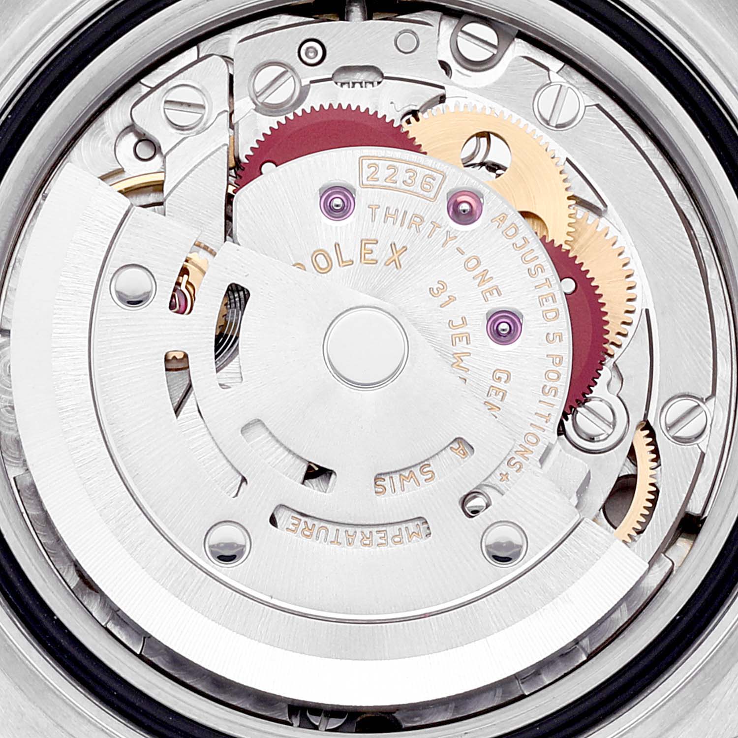 This image shows a close-up of the movement and internal mechanisms of a Rolex Datejust 279383 Women's Steel and Gold (two tone) Champagne Dial 279383 Women's Steel and Gold (two tone) Champagne Dial watch.