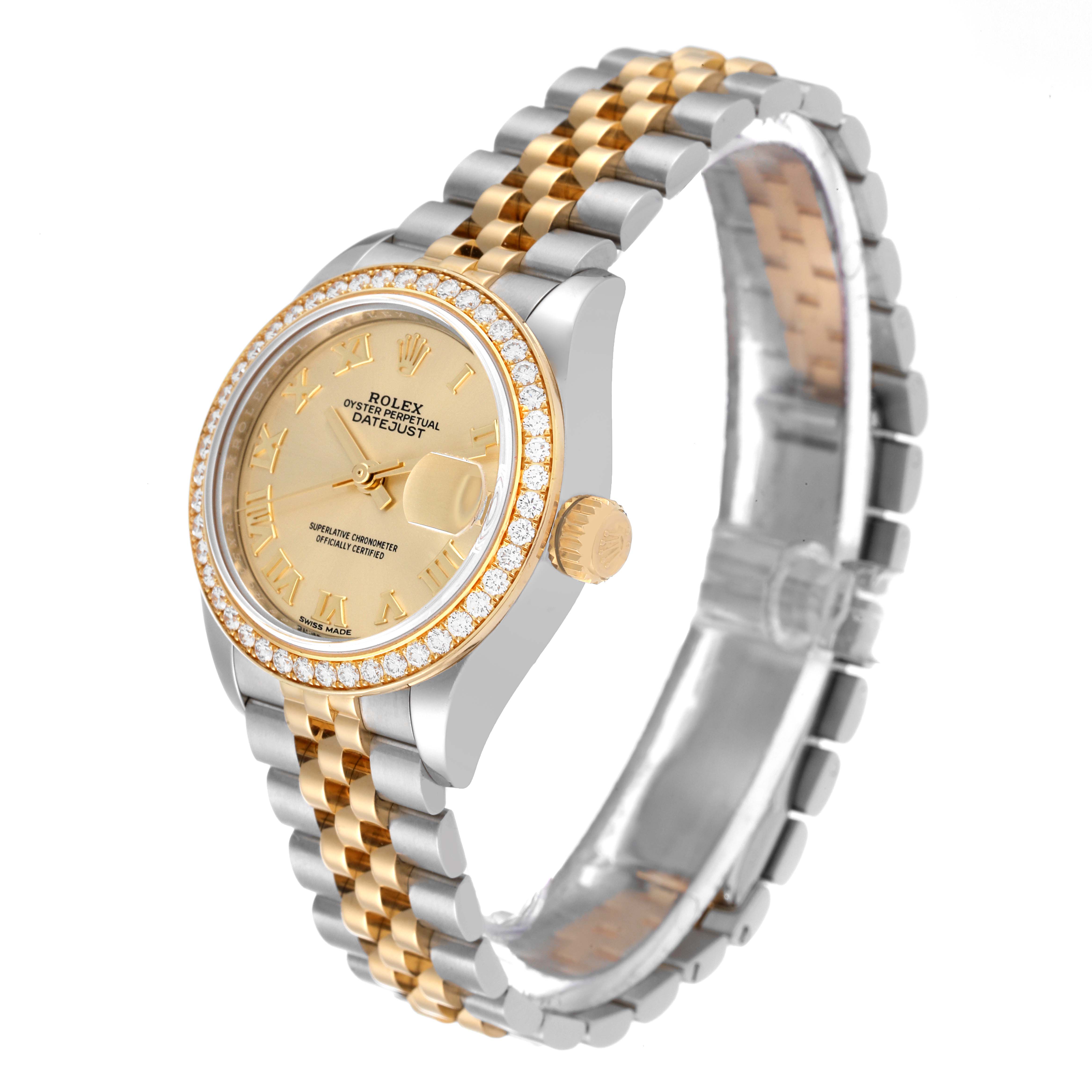 This Rolex Datejust 279383 Women's Steel and Gold (two tone) Champagne Dial 279383 Women's Steel and Gold (two tone) Champagne Dial watch is shown at an angle highlighting the gold and silver bracelet, face, crown, and diamond-accented bezel.