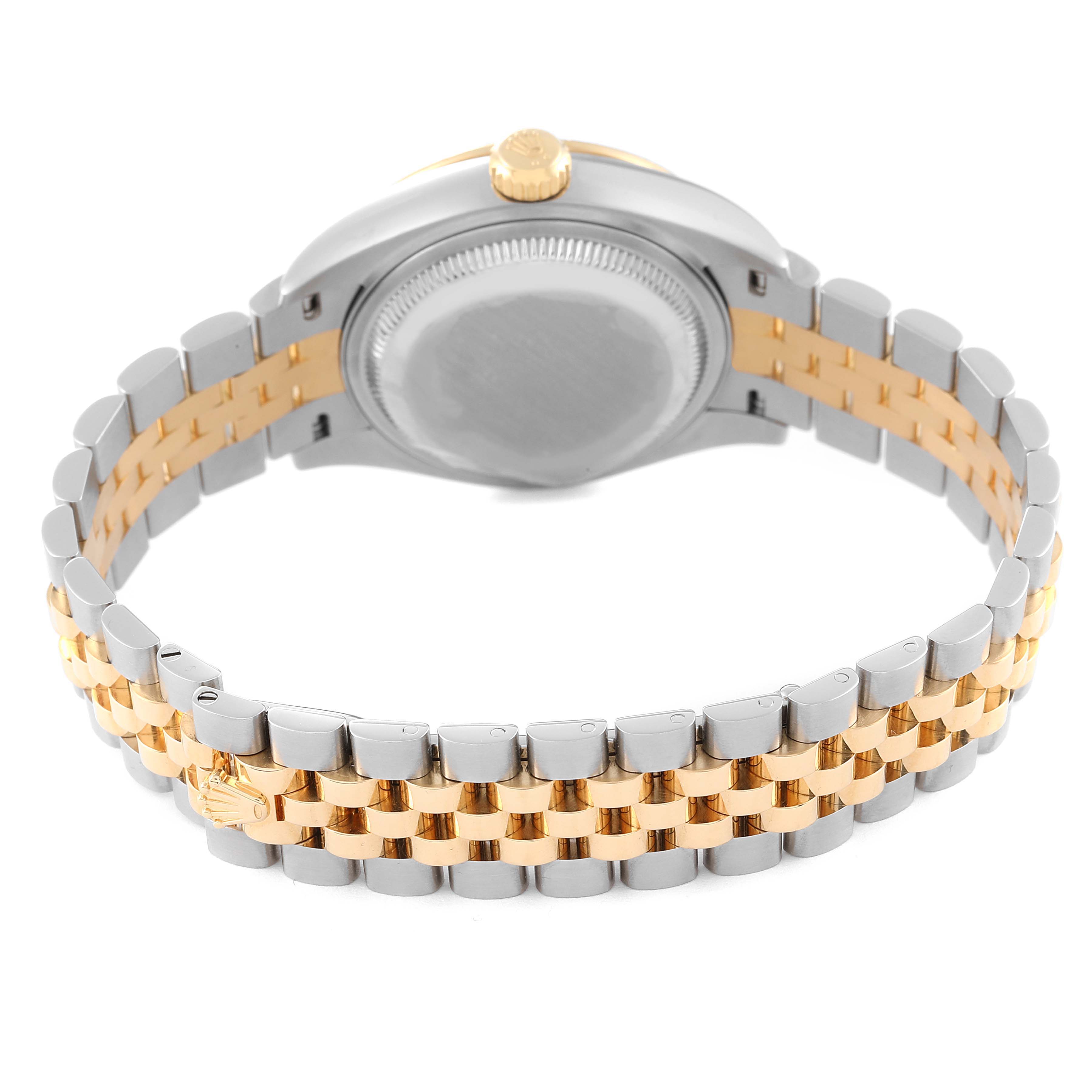 The image shows the back of the Rolex Datejust 279383 Women's Steel and Gold (two tone) Champagne Dial 279383 Women's Steel and Gold (two tone) Champagne Dial watch, highlighting the two-tone Jubilee bracelet and the back case.
