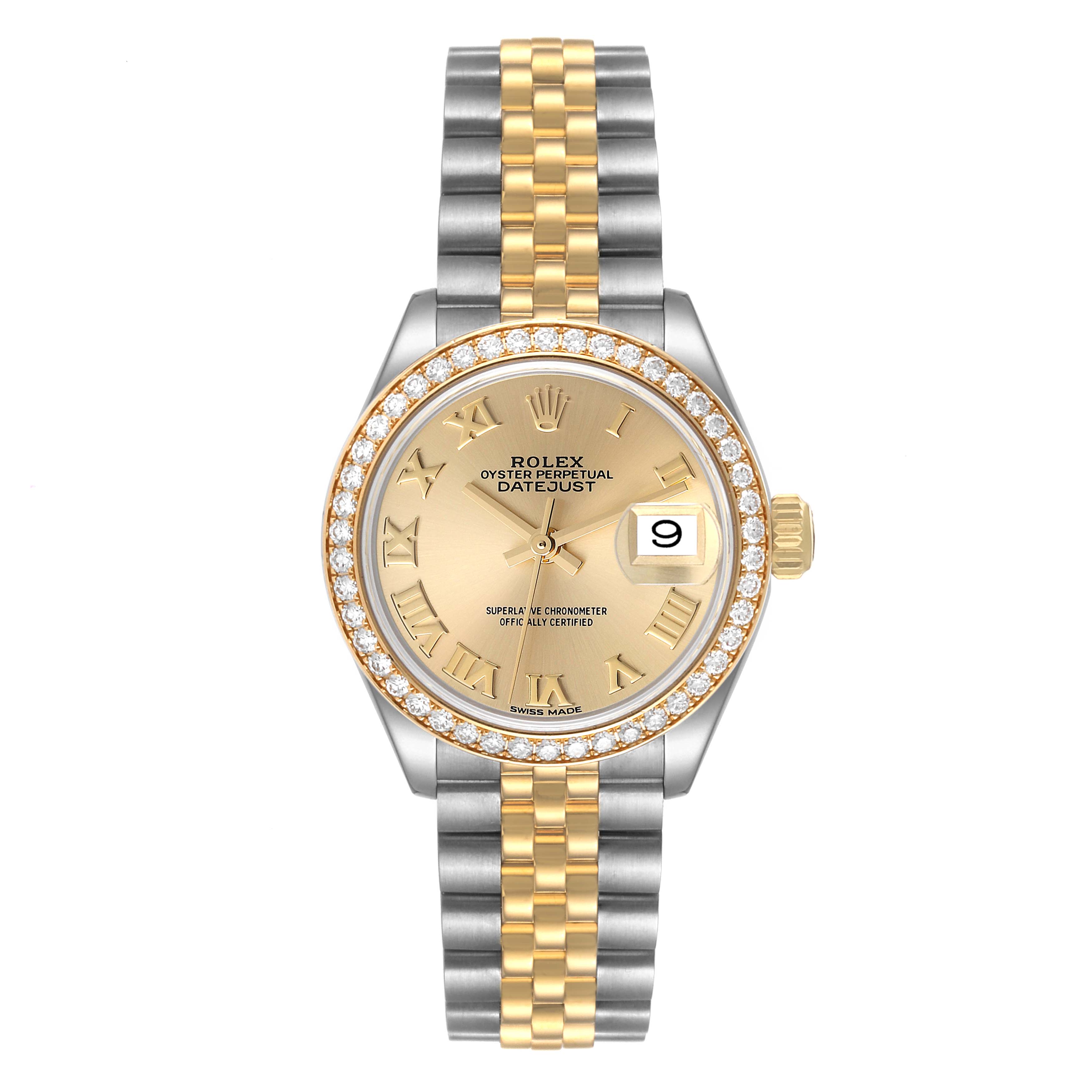 This image shows a front view of the Rolex Datejust 279383 Women's Steel and Gold (two tone) Champagne Dial 279383 Women's Steel and Gold (two tone) Champagne Dial watch, highlighting its gold and silver bracelet and diamond-encrusted bezel.
