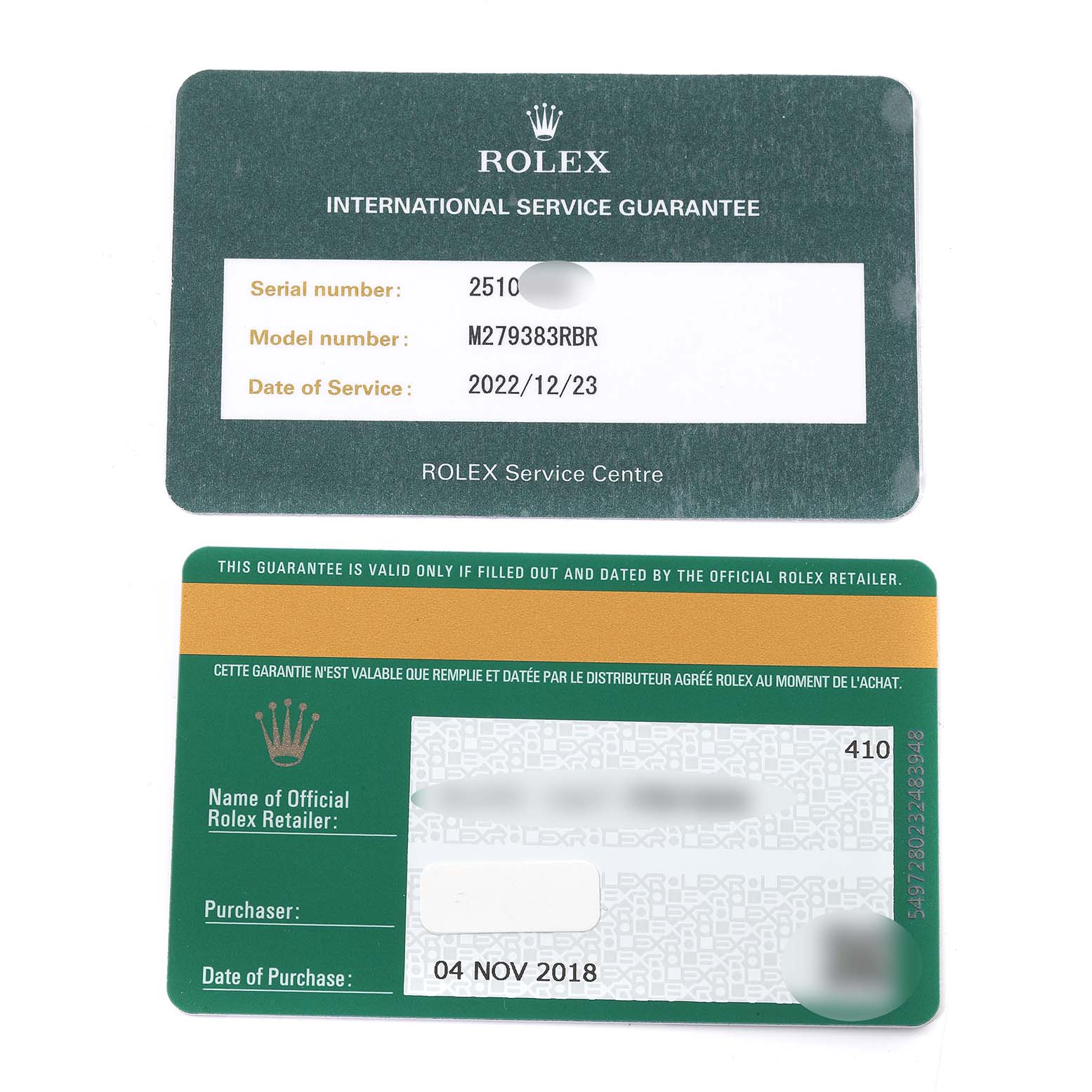 The image shows the international service guarantee and warranty cards for the Rolex Datejust 279383 Women's Steel and Gold (two tone) Champagne Dial 279383 Women's Steel and Gold (two tone) Champagne Dial model M279383RBR.