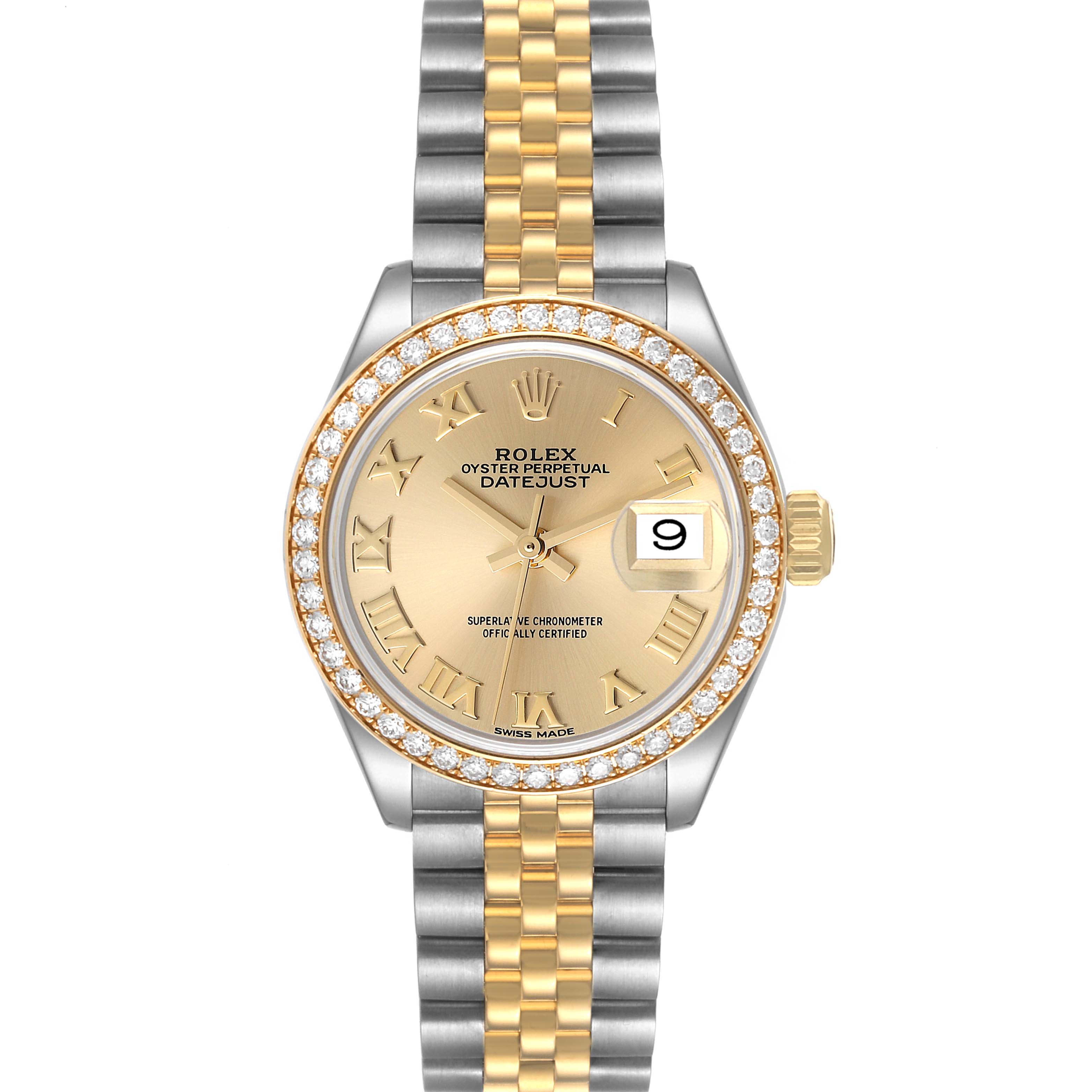The Rolex Datejust 279383 Women's Steel and Gold (two tone) Champagne Dial 279383 Women's Steel and Gold (two tone) Champagne Dial watch is shown from a top-down angle, displaying the dial, bezel, and bracelet.