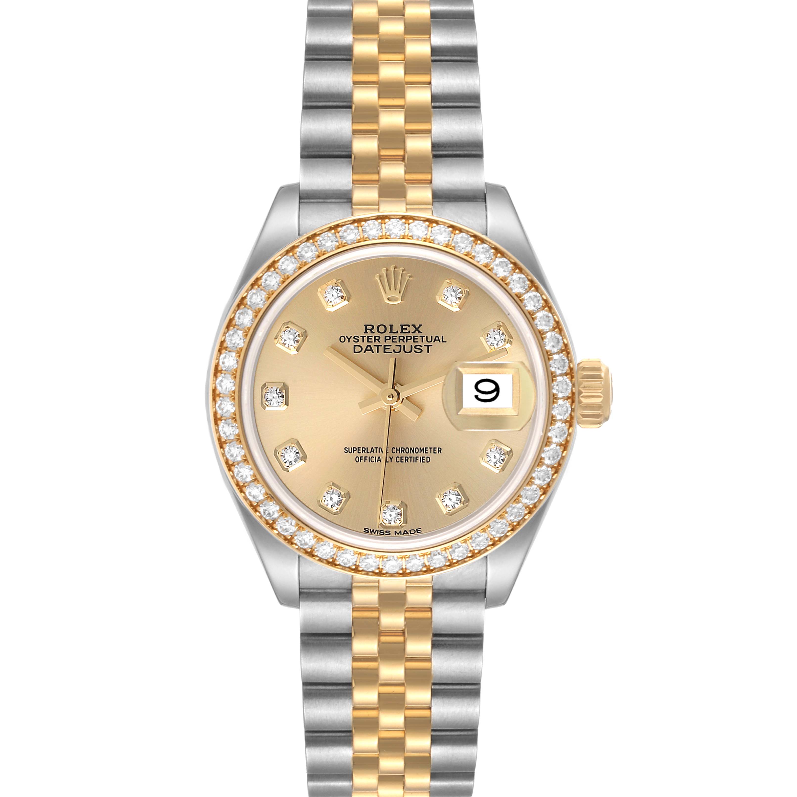 The Rolex Datejust 279383 Women's Steel and Gold (two tone) Champagne Dial 279383 Women's Steel and Gold (two tone) Champagne Dial watch is shown from a top-down angle, highlighting its two-tone bracelet, champagne dial, and diamond bezel.