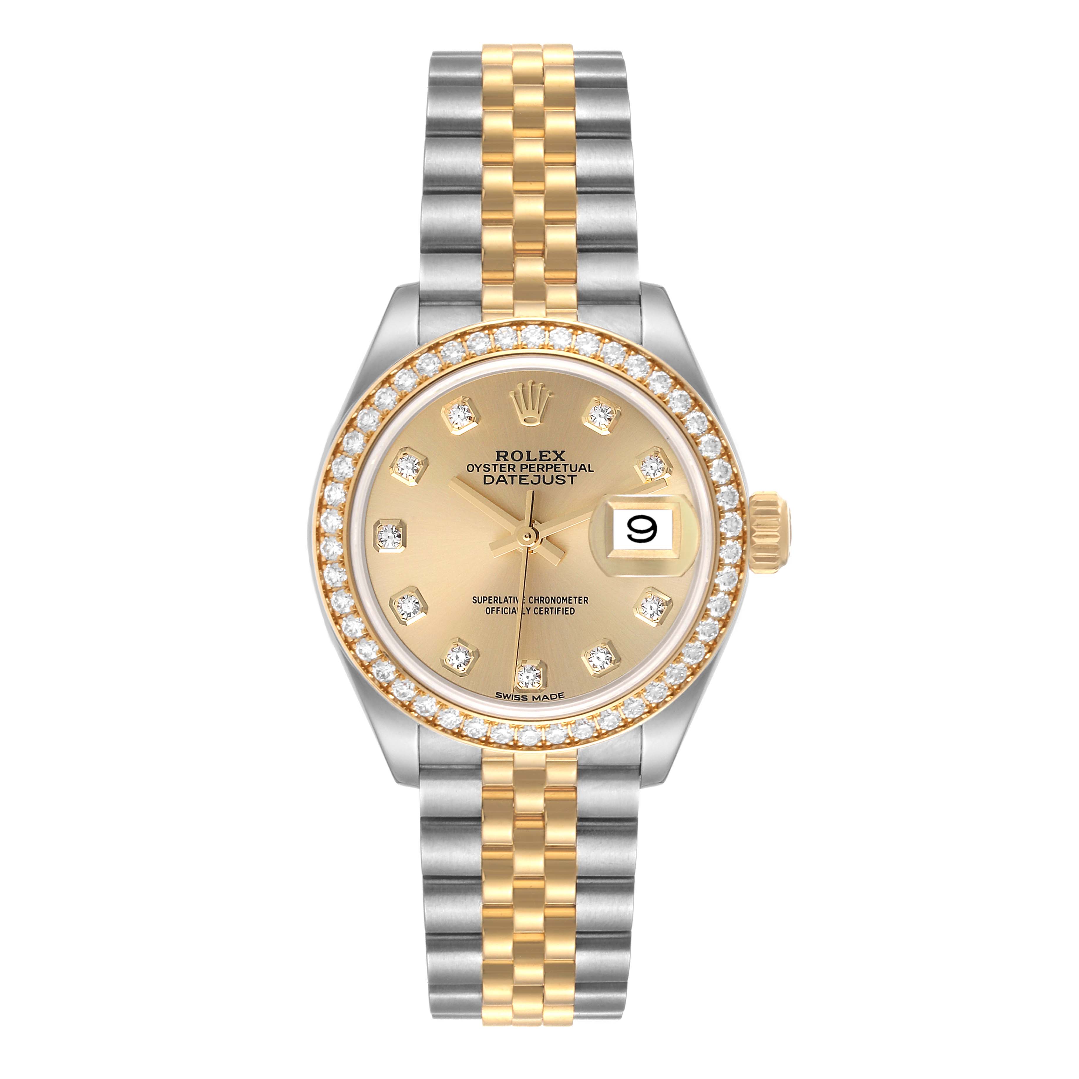 This is a front view of a Rolex Datejust 279383 Women's Steel and Gold (two tone) Champagne Dial 279383 Women's Steel and Gold (two tone) Champagne Dial watch showing the face, crown, and two-tone bracelet.